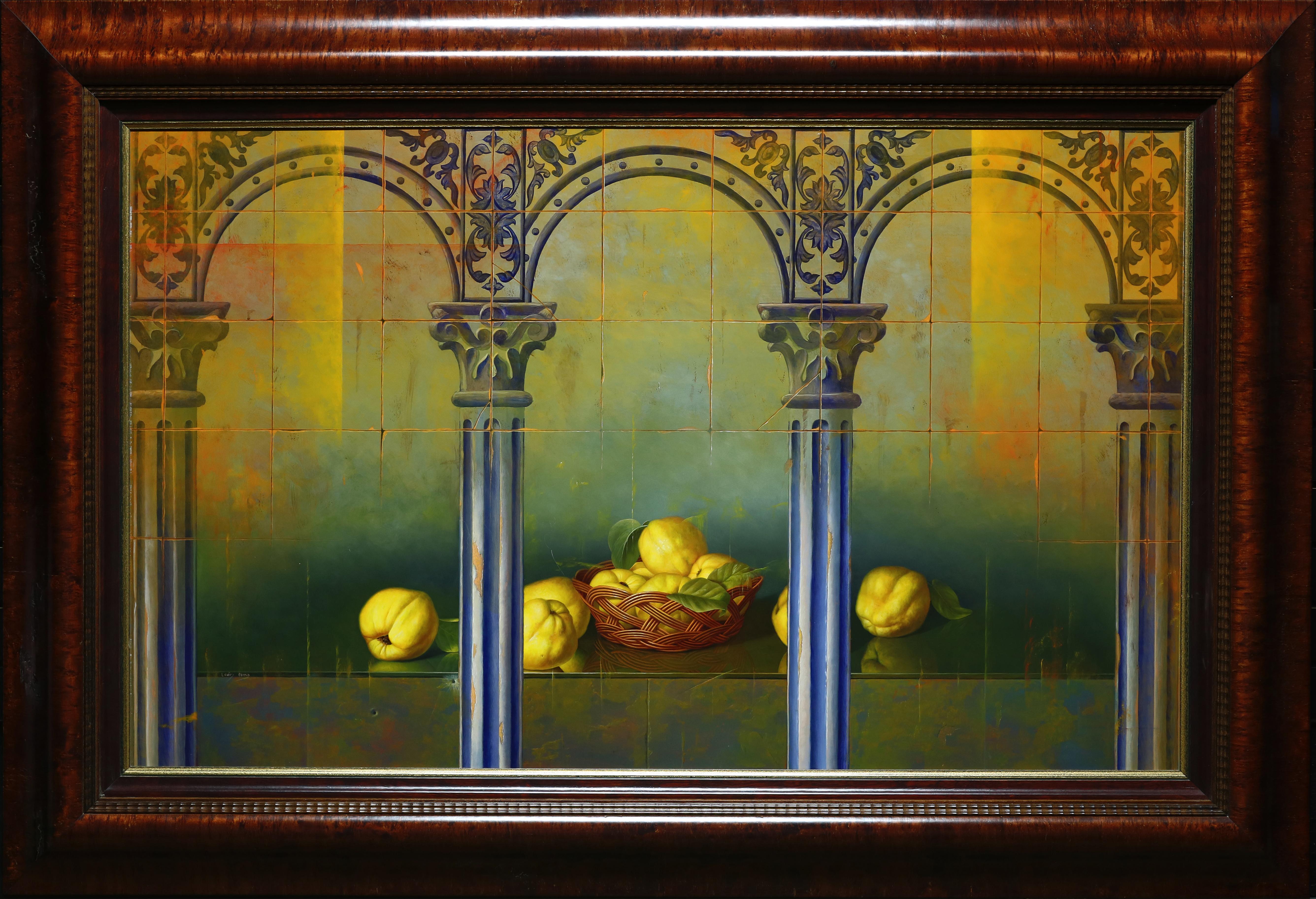 "Still Life with Architectural Columns and Pear" by Leon Olmo 31 x 52 inches