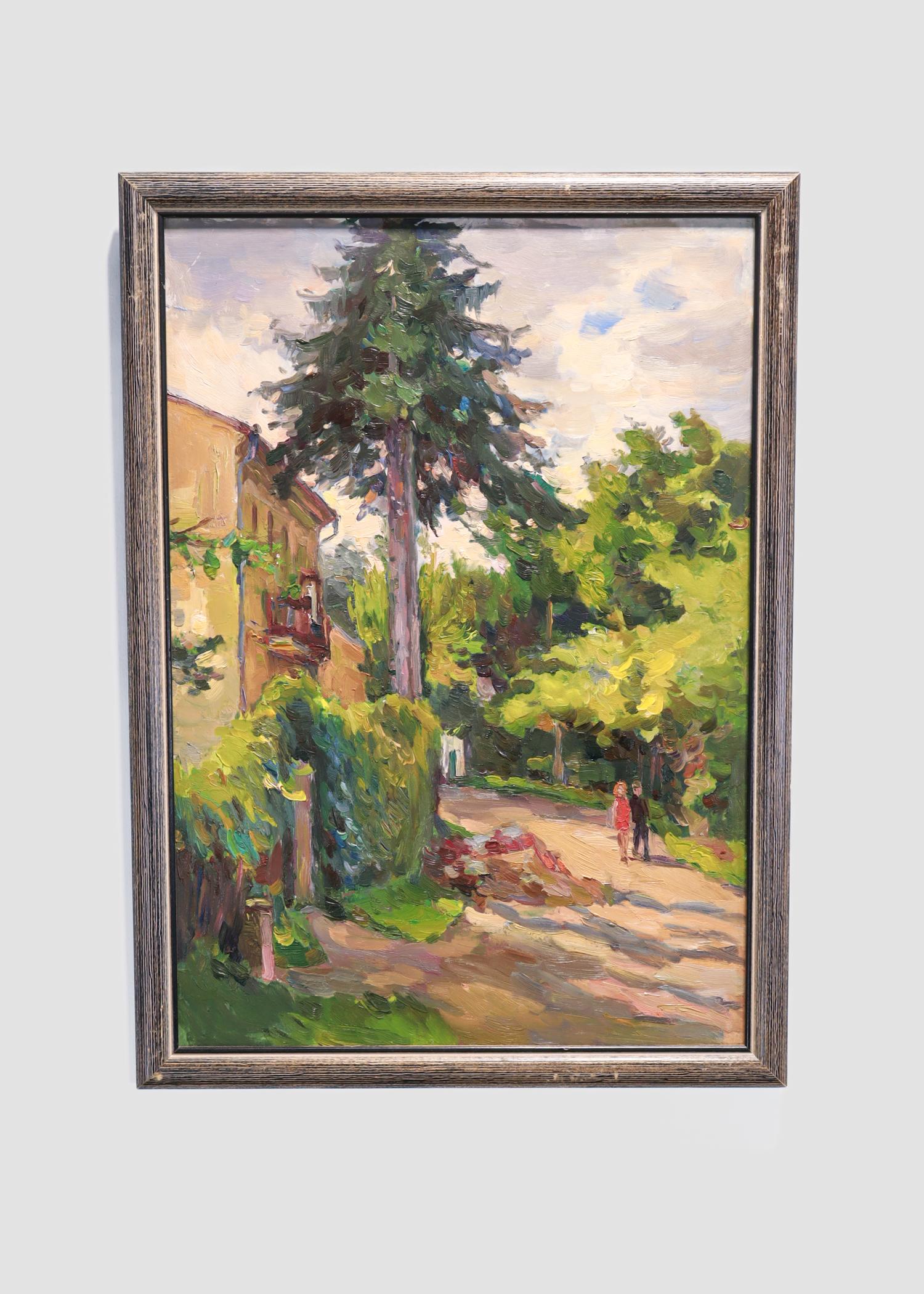A fine Ukrainian impasto oil on board painting.

By Leon Oziasovych Kopelman (b. 1904 Vovchynets, Ukraine)

Depicting a couple on a village path (likely in the Carpathian Mountains)  with forest to one side and house on a rise and majestically large