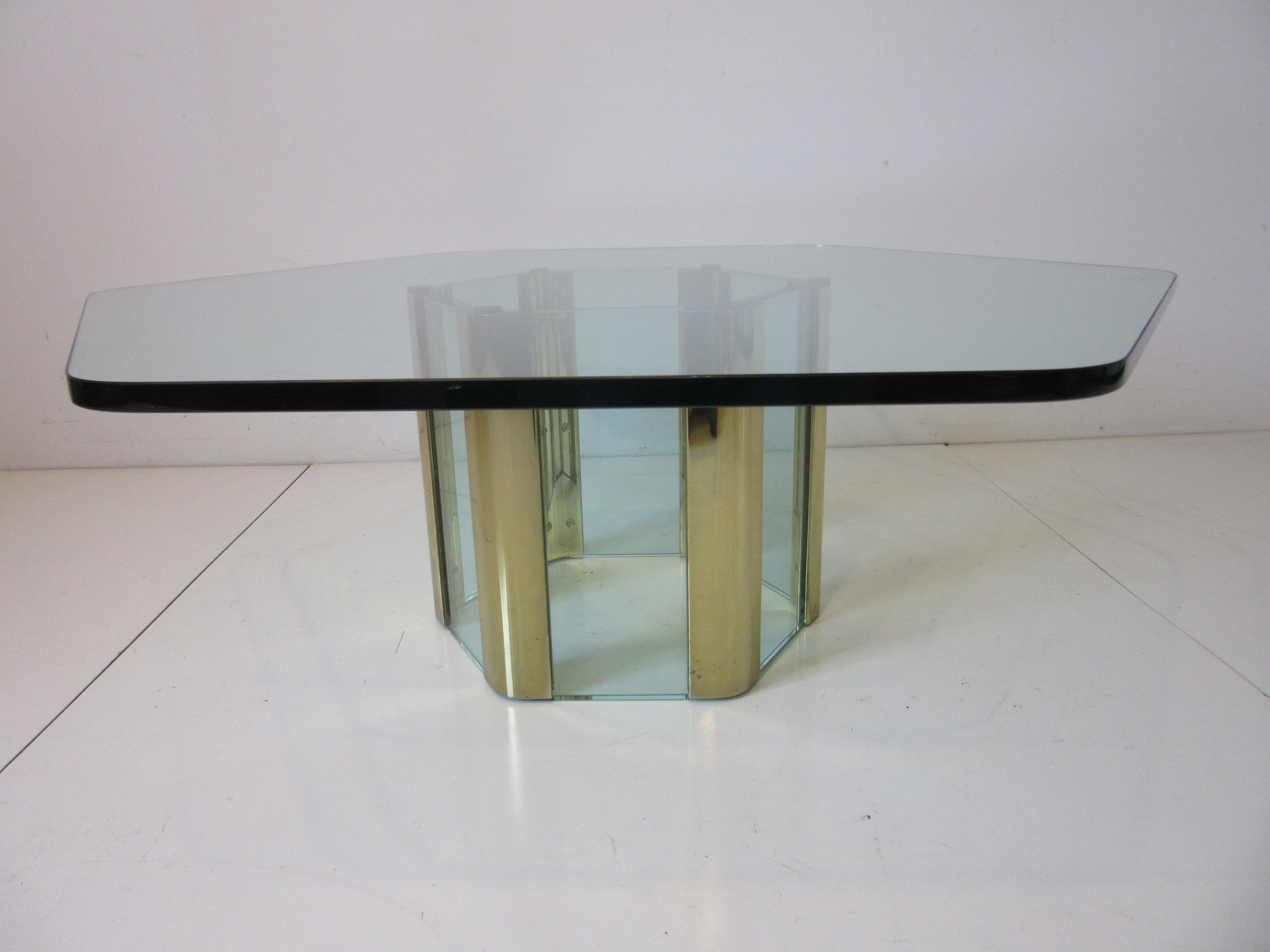 Modern Leon Pace Brass / Plate Glass Hexagon Coffee Table for Pace