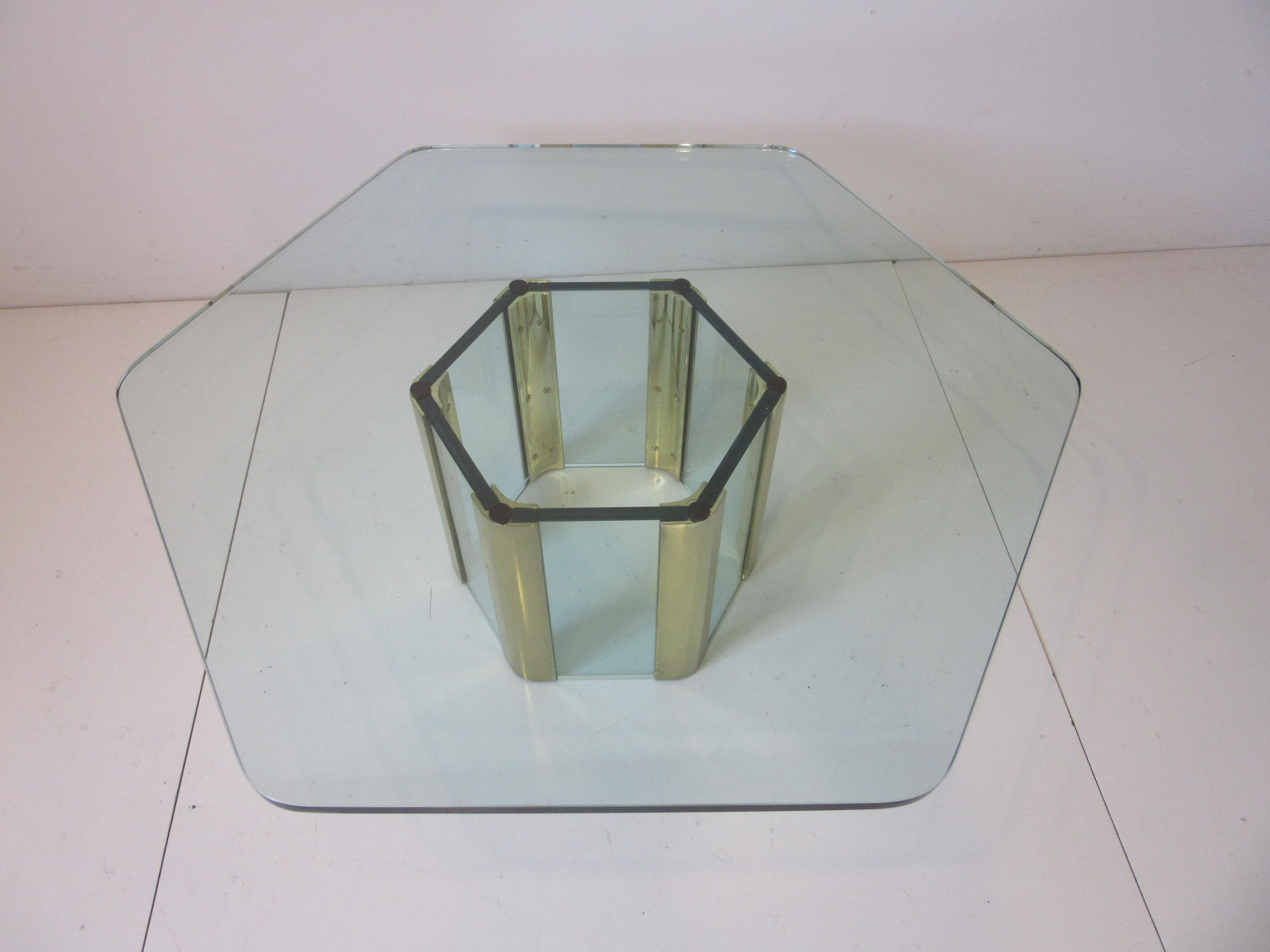 American Leon Pace Brass / Plate Glass Hexagon Coffee Table for Pace