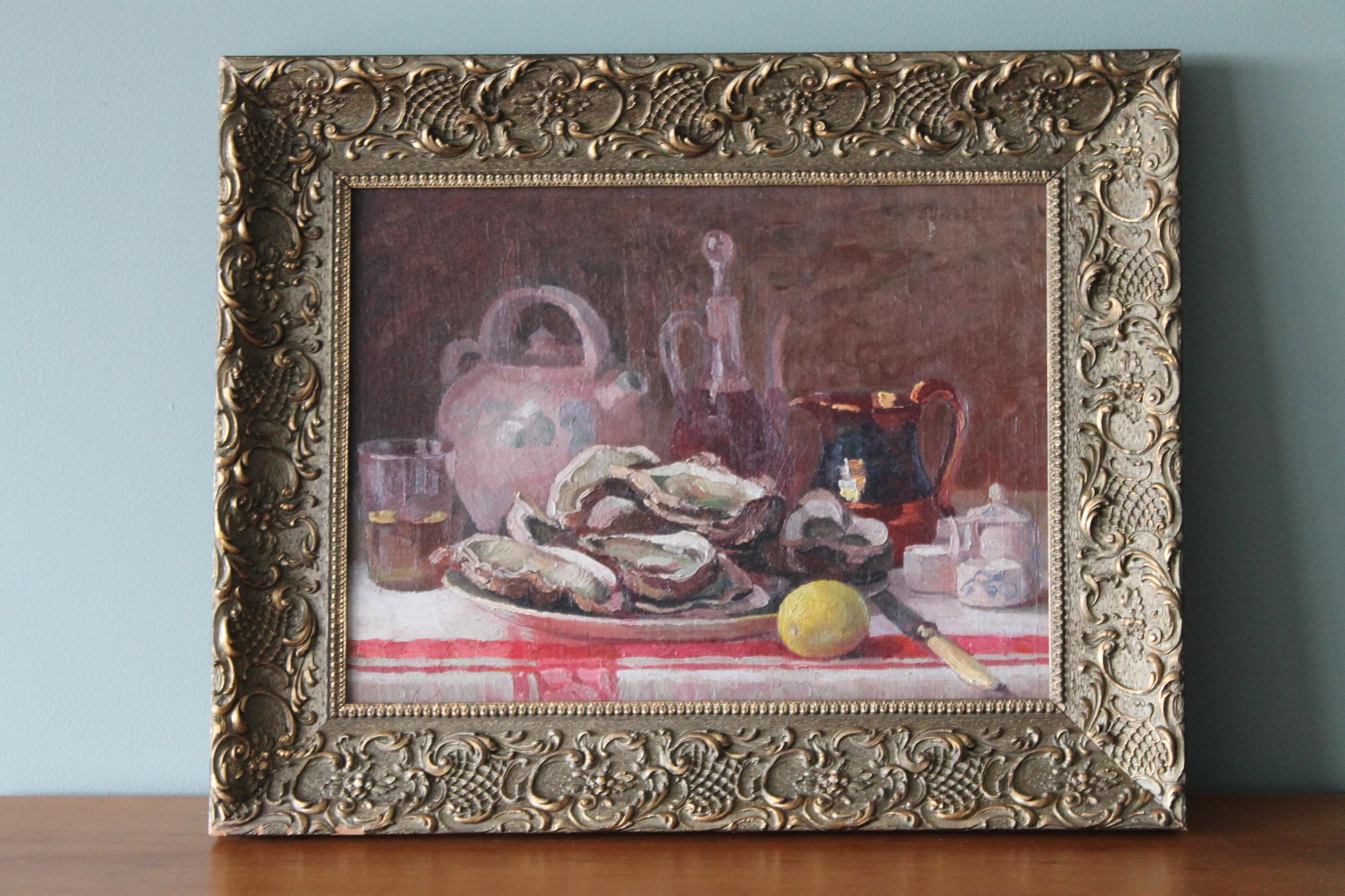French oil painting, antique still life painting of oysters, lemon and cider - Painting by Leon Parent