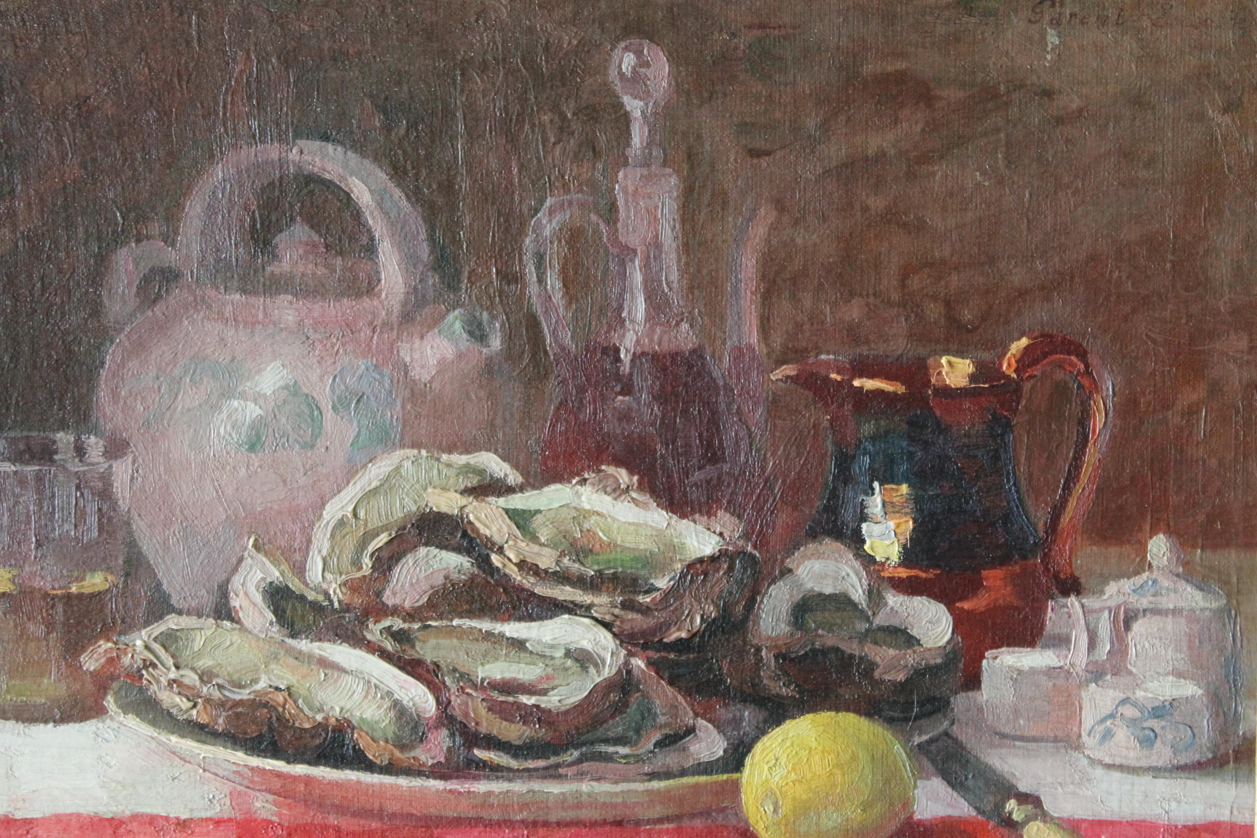 French oil painting, antique still life painting of oysters, lemon and cider - Impressionist Painting by Leon Parent