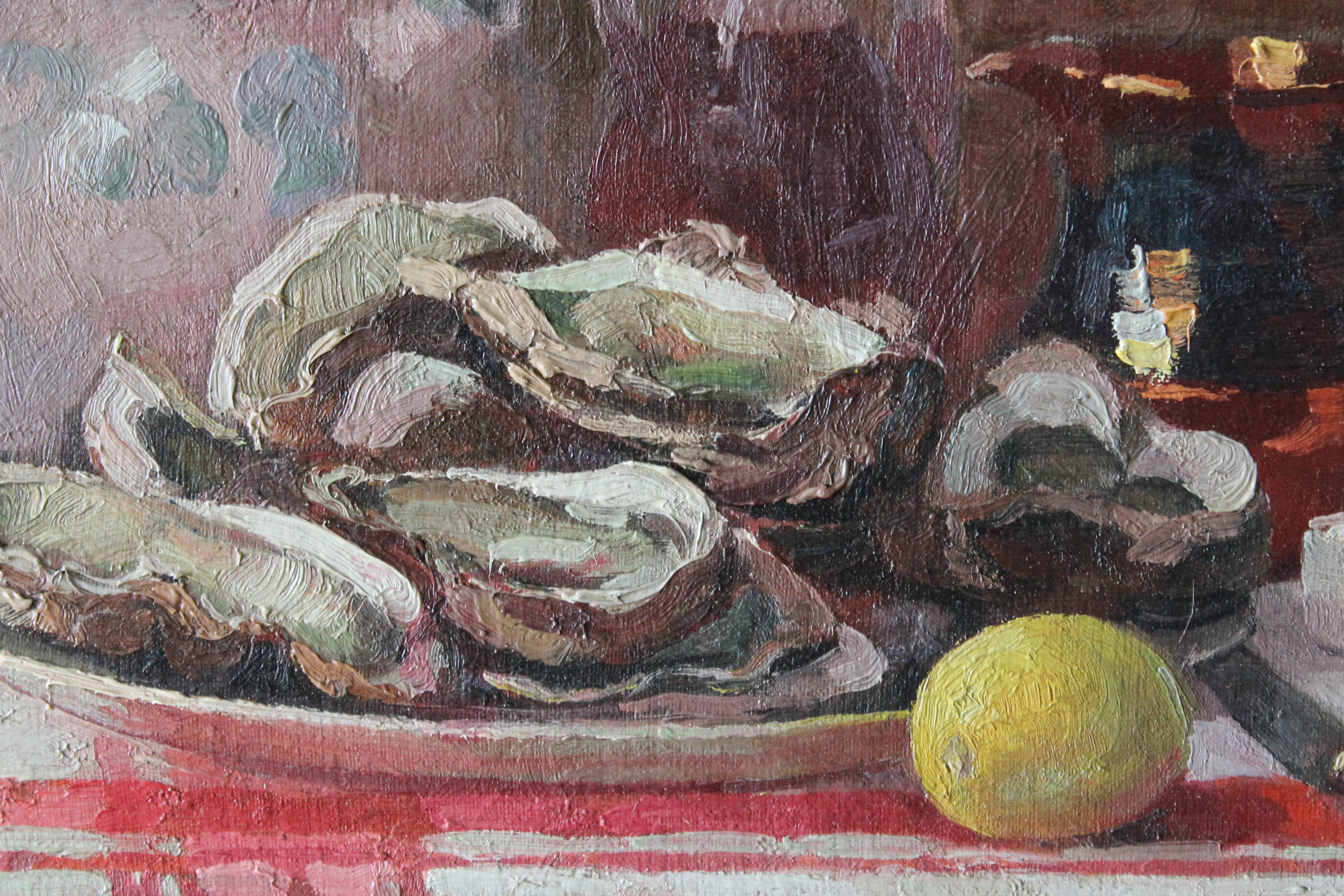 French oil painting, antique still life painting of oysters, lemon and cider 1