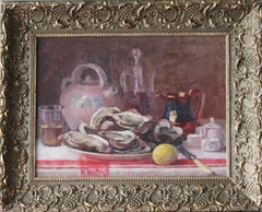 French oil painting, antique still life painting of oysters, lemon and cider