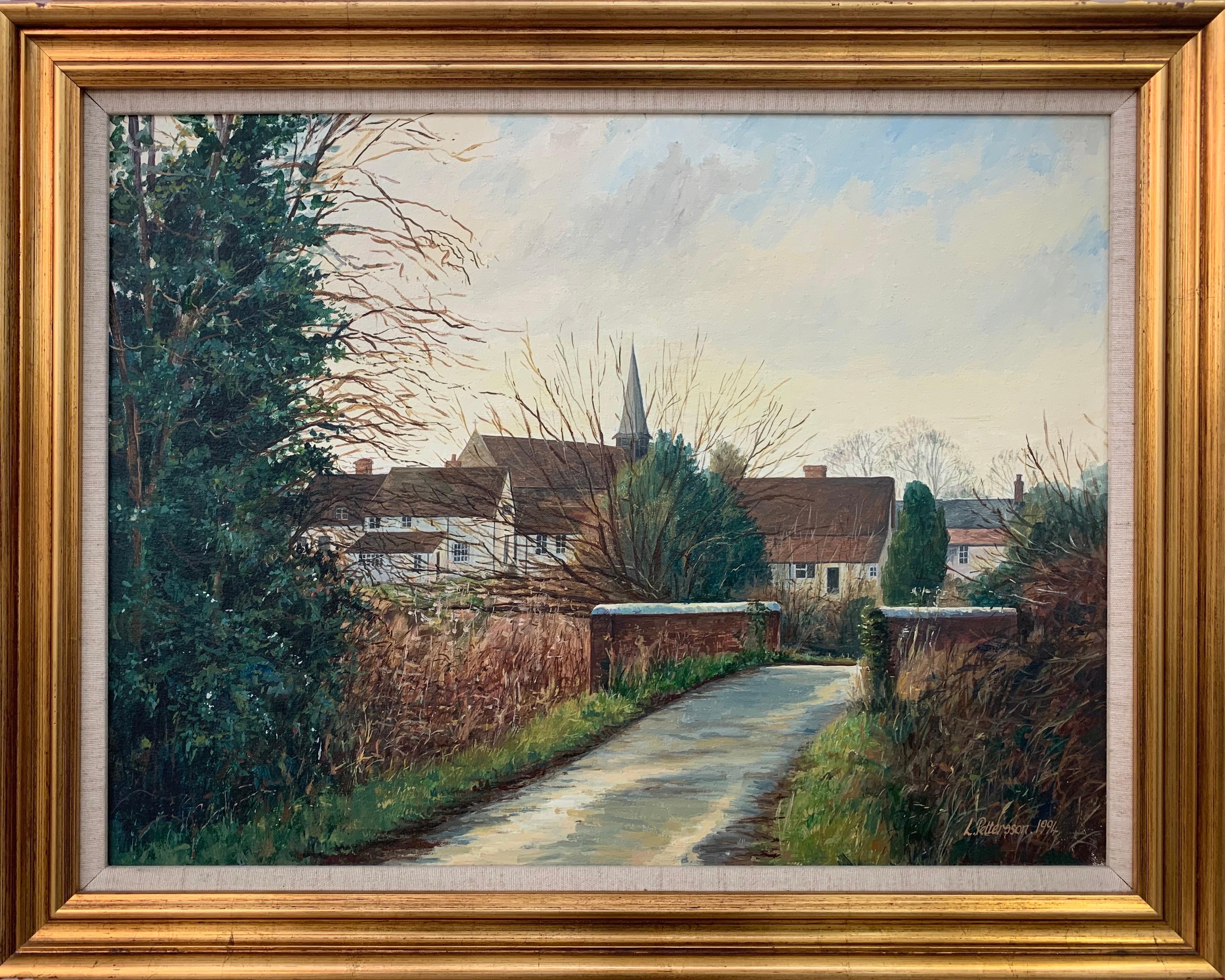 Peinture originale d'une rue de village anglaise par un artiste britannique du 20e siècle