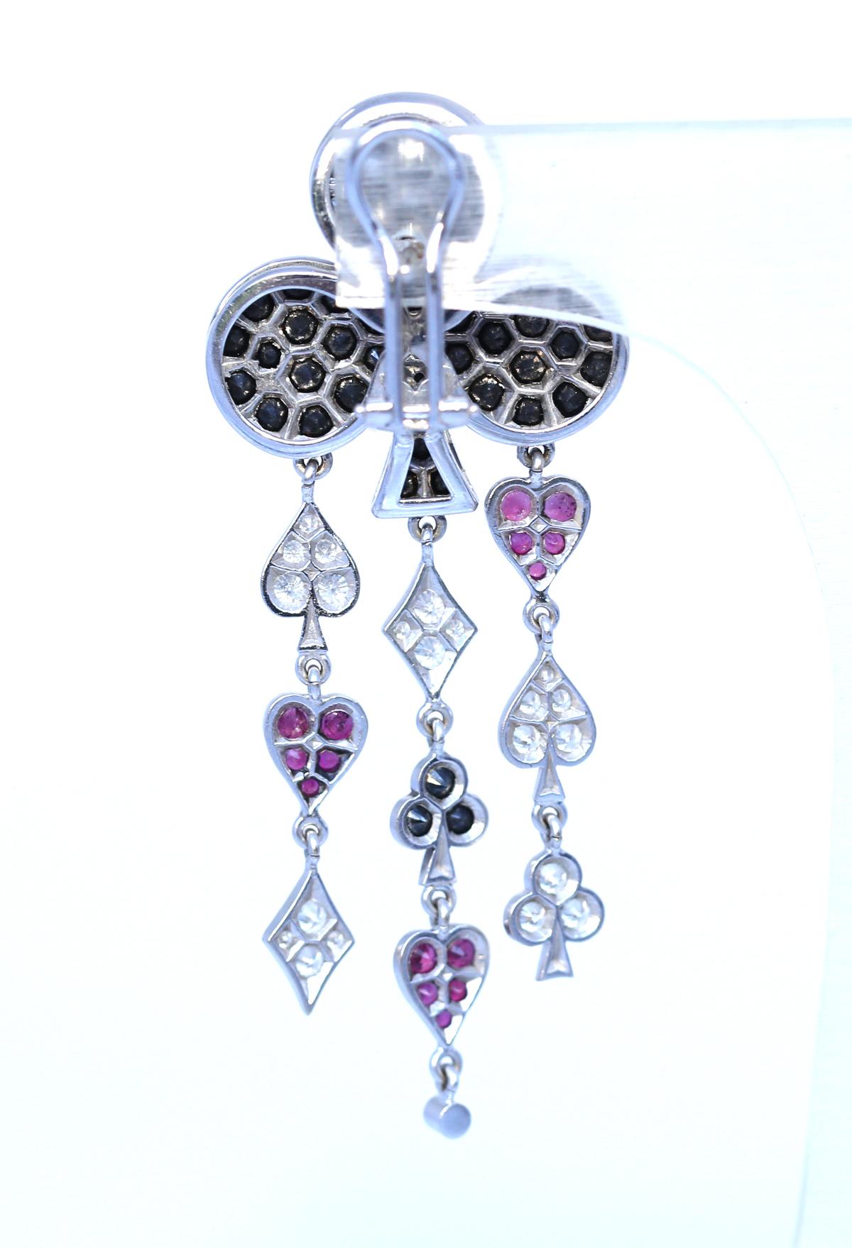 Round Cut Leon Popov Cards Suit Hearts Clubs Rubies Diamonds White Gold Earrings, 2005