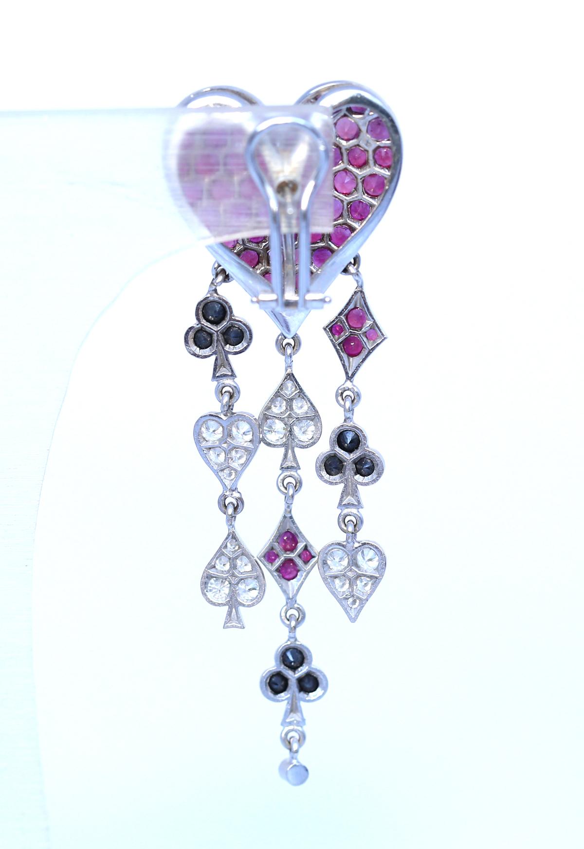 Leon Popov Cards Suit Hearts Clubs Rubies Diamonds White Gold Earrings, 2005 In Good Condition In Herzelia, Tel Aviv