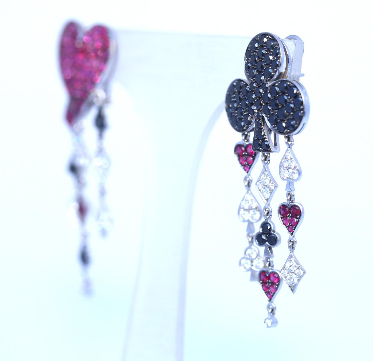Leon Popov Cards Suit Hearts Clubs Rubies Diamonds White Gold Earrings, 2005 1