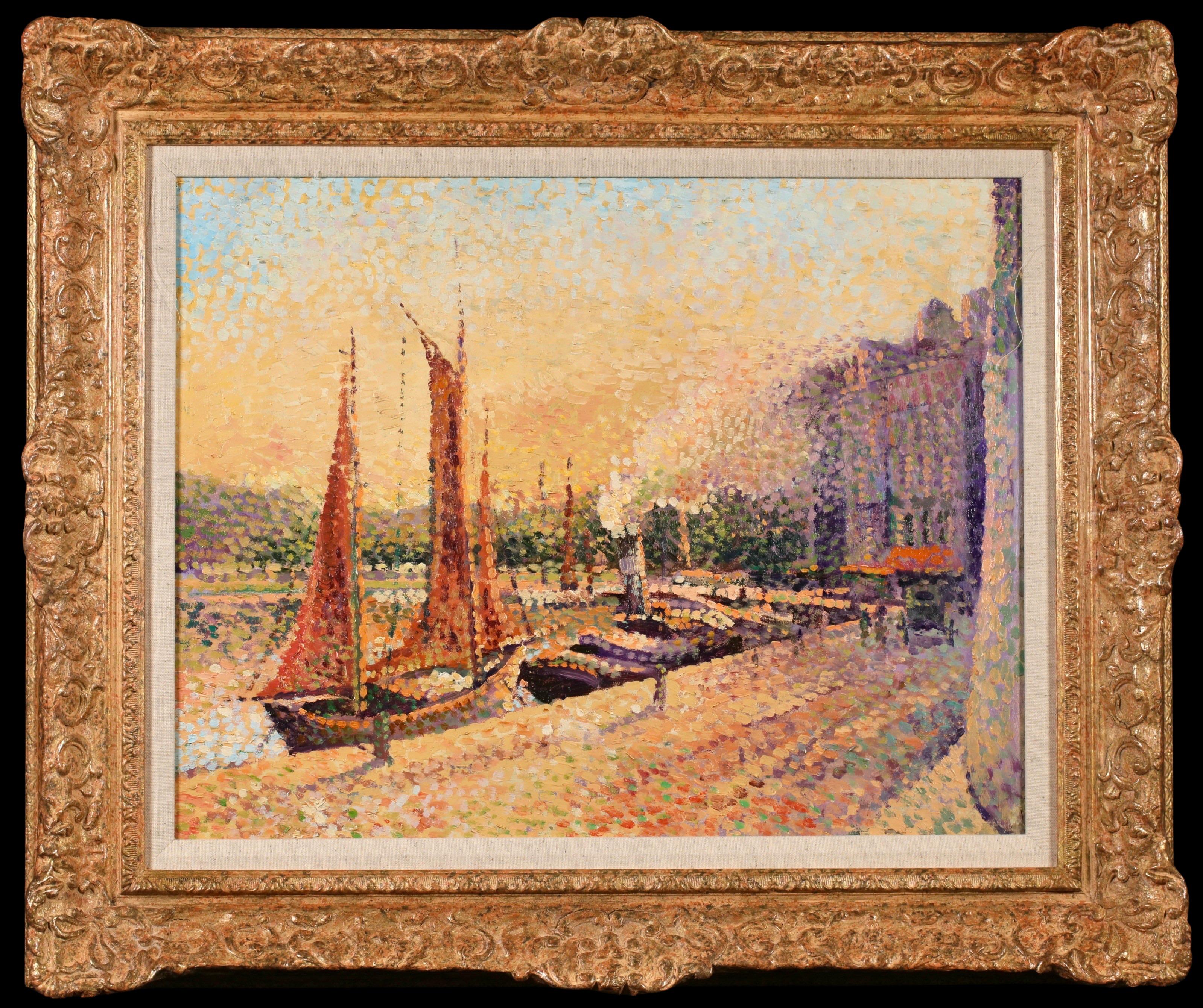 Le Quai Suffren - Saint Tropez - Pointillist Landscape Oil by Leon Pourtau