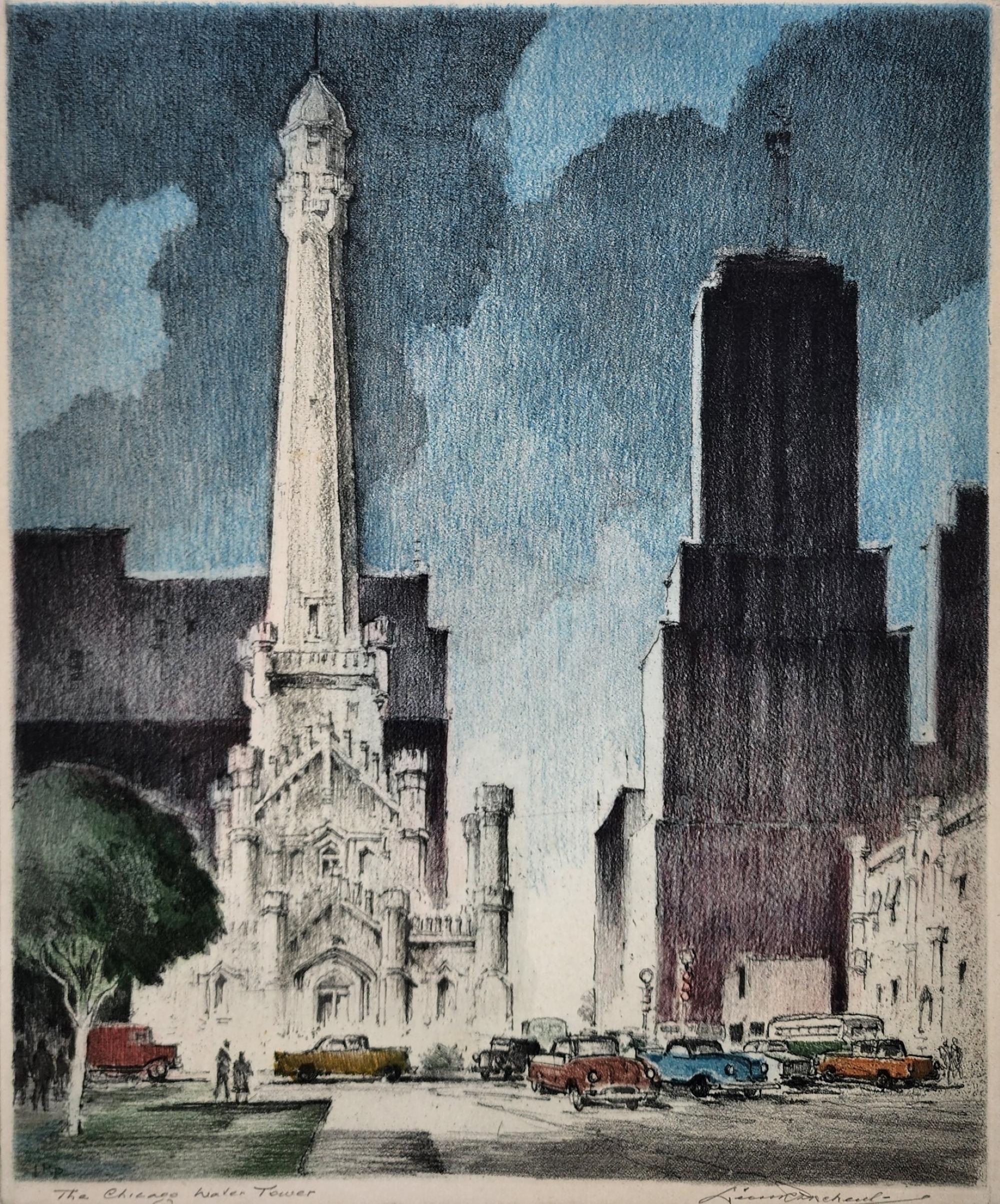 Chicagoer Wasserturm, ca. 1930er Jahre, Aquatinta, gerahmt, Stadtlandschaft – Print von Leon Rene Pescheret