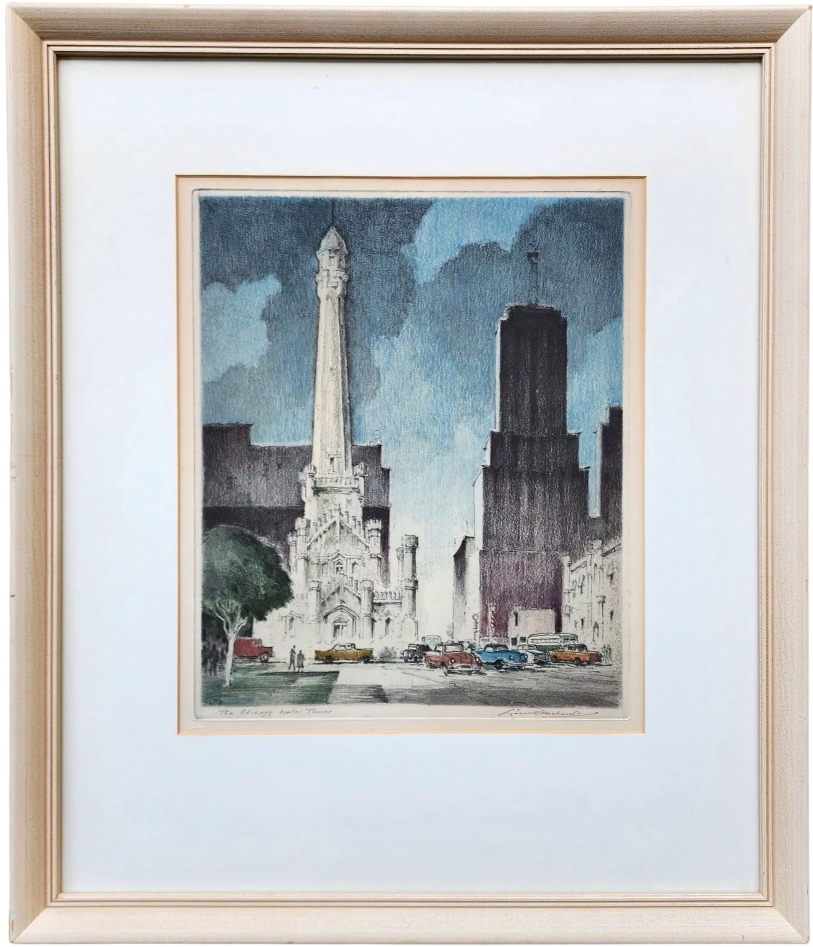 Leon Rene Pescheret Print – Chicagoer Wasserturm, ca. 1930er Jahre, Aquatinta, gerahmt, Stadtlandschaft