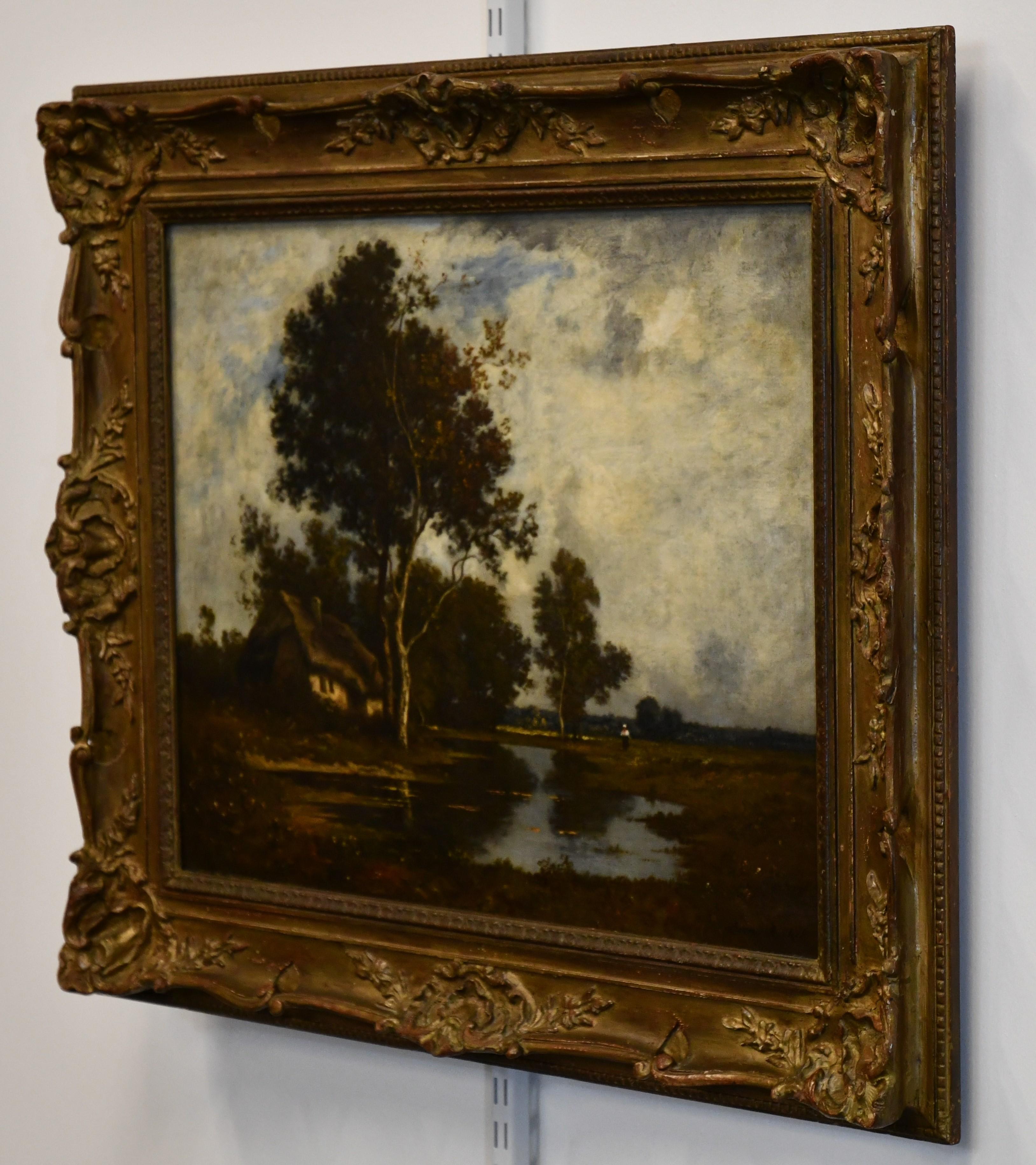 A framed naturalist Barbizon School painting by Leon Richet titled 