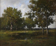 Eine Dame an einem Waldteich Antikes Öl auf Leinwand von Leon Richet