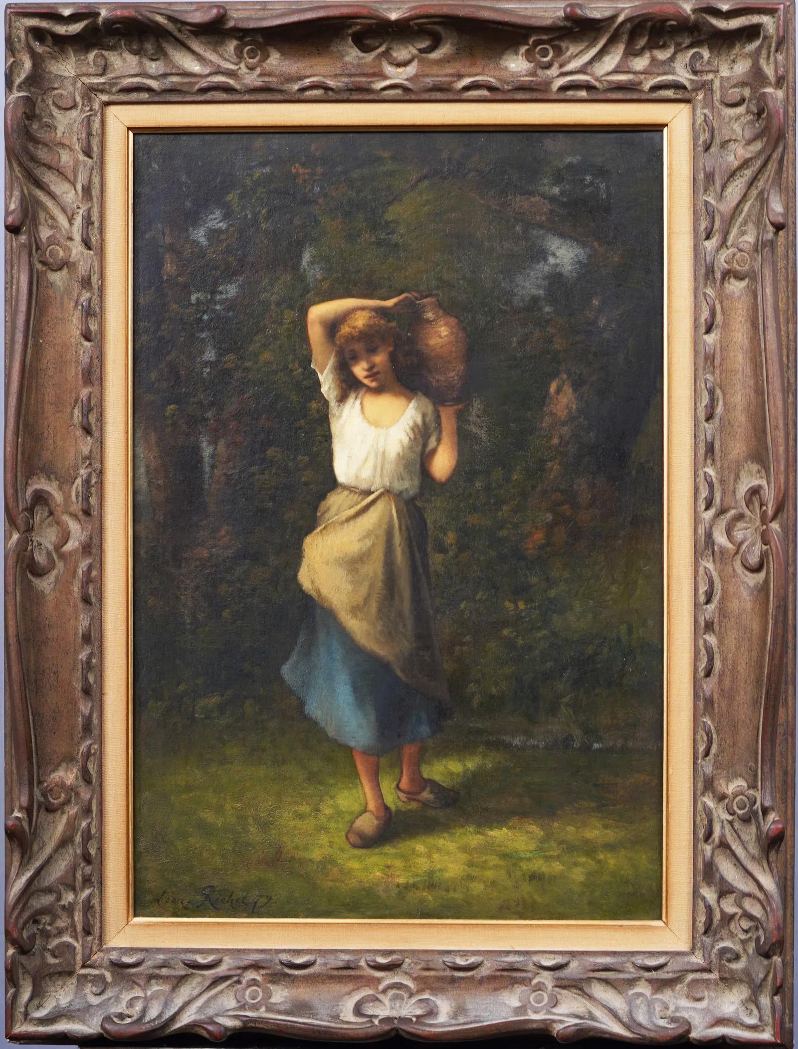 Antique French Impressionist Retrato de mujer joven Paisaje Pintura al óleo enmarcada - Painting de Leon Richet