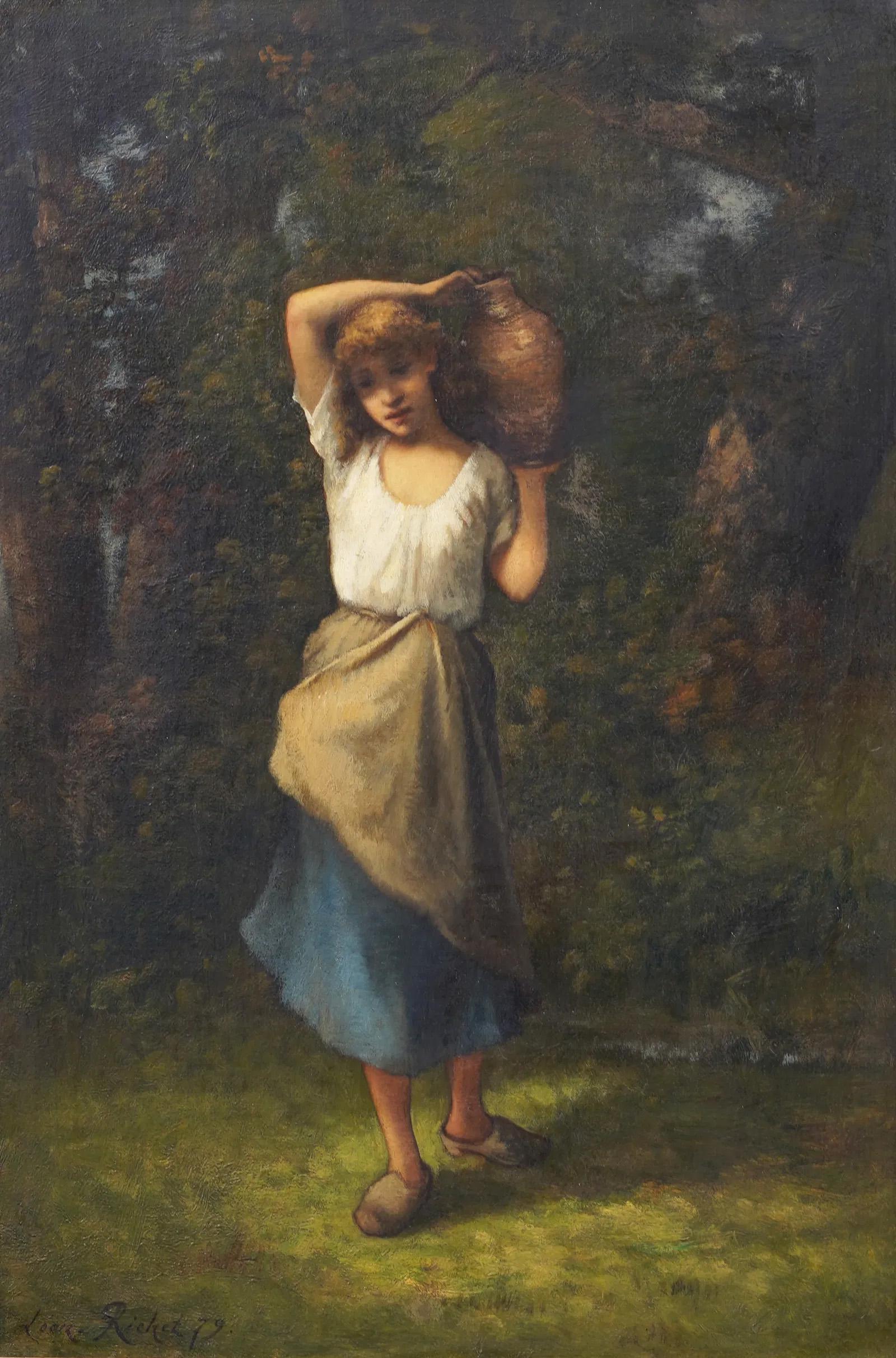 Antique French Impressionist Retrato de mujer joven Paisaje Pintura al óleo enmarcada - Painting Impresionista de Leon Richet
