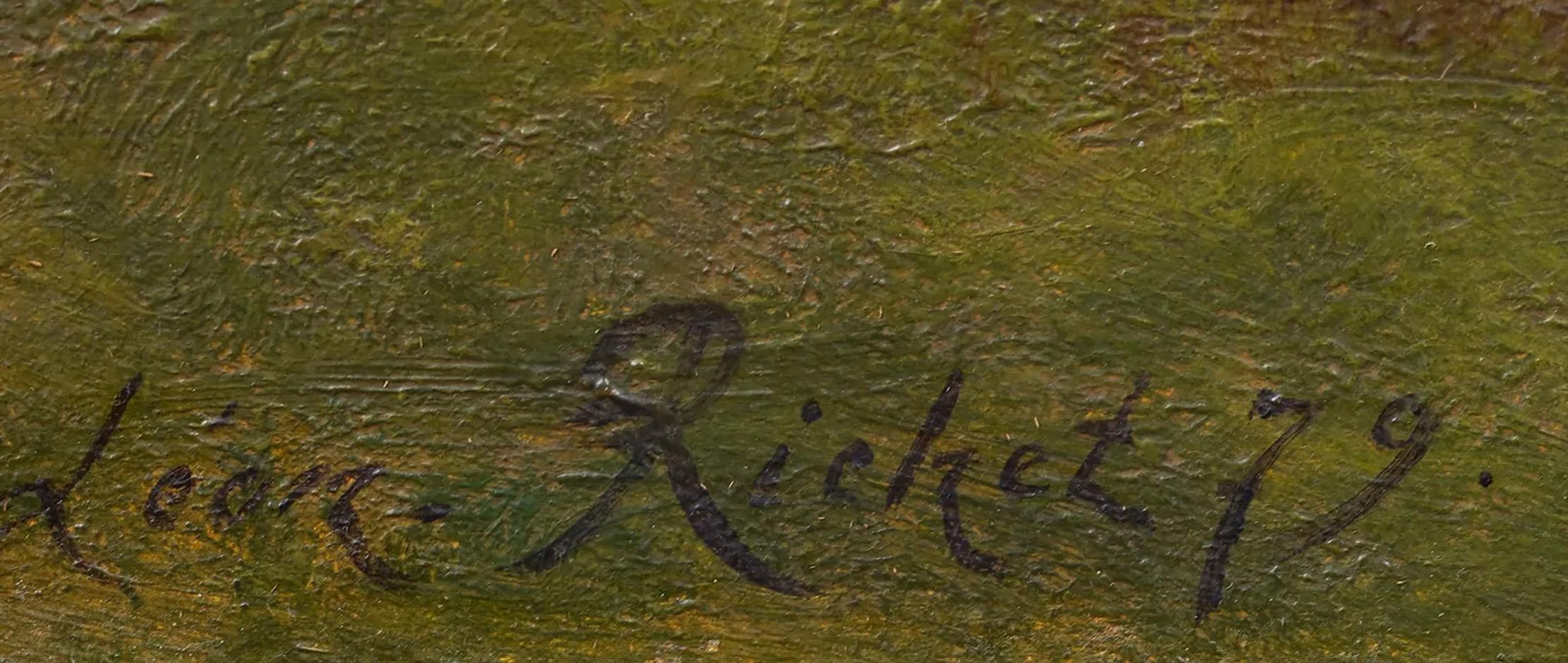 Antiguo óleo de paisaje impresionista francés de Leon Richet (1847 - 1907). Óleo sobre lienzo. Firmado. Enmarcado. Mide 22 por 29 pulgadas en total y 15 por 20 pintado solo. 