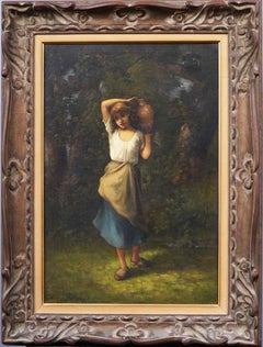 Ancienne peinture à l'huile impressionniste française représentant un portrait de jeune femme encadrée