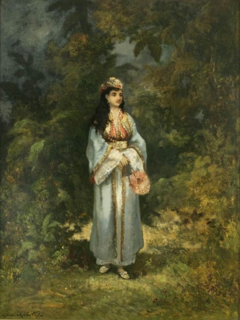 Leon Richet
Mujer enjoyada en un paisaje de Barbizon
1872
Óleo sobre tabla
61 x 45,7 cm (24 x 18 pulgadas)
Enmarcado: 91,4 x 76,2 cm (36 x 30 pulgadas)
Firmado: Léon Richet 72

Leon Richet nació en Solesmes (Sathe), Normandía, en 1847. Fue alumno de
