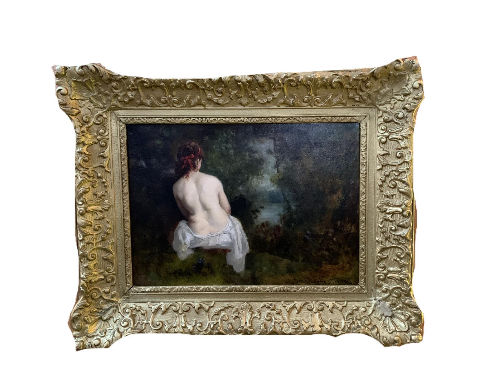 Classical 19th century French Nude of a lady in the Barbizon Forest landscape. - Painting by Leon Richet