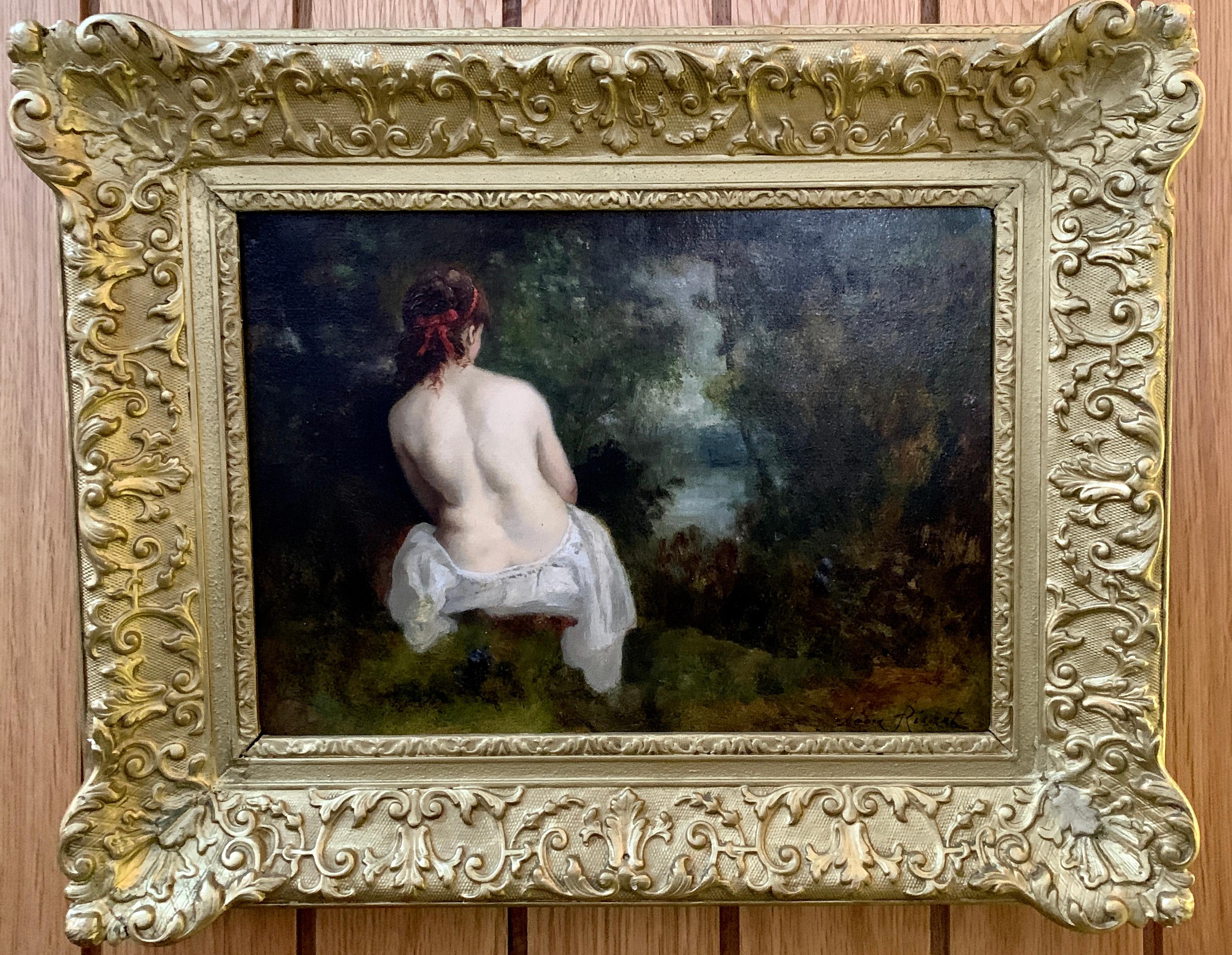 Nu classique français du XIXe siècle d'une dame dans le paysage de la forêt de Barbizon.