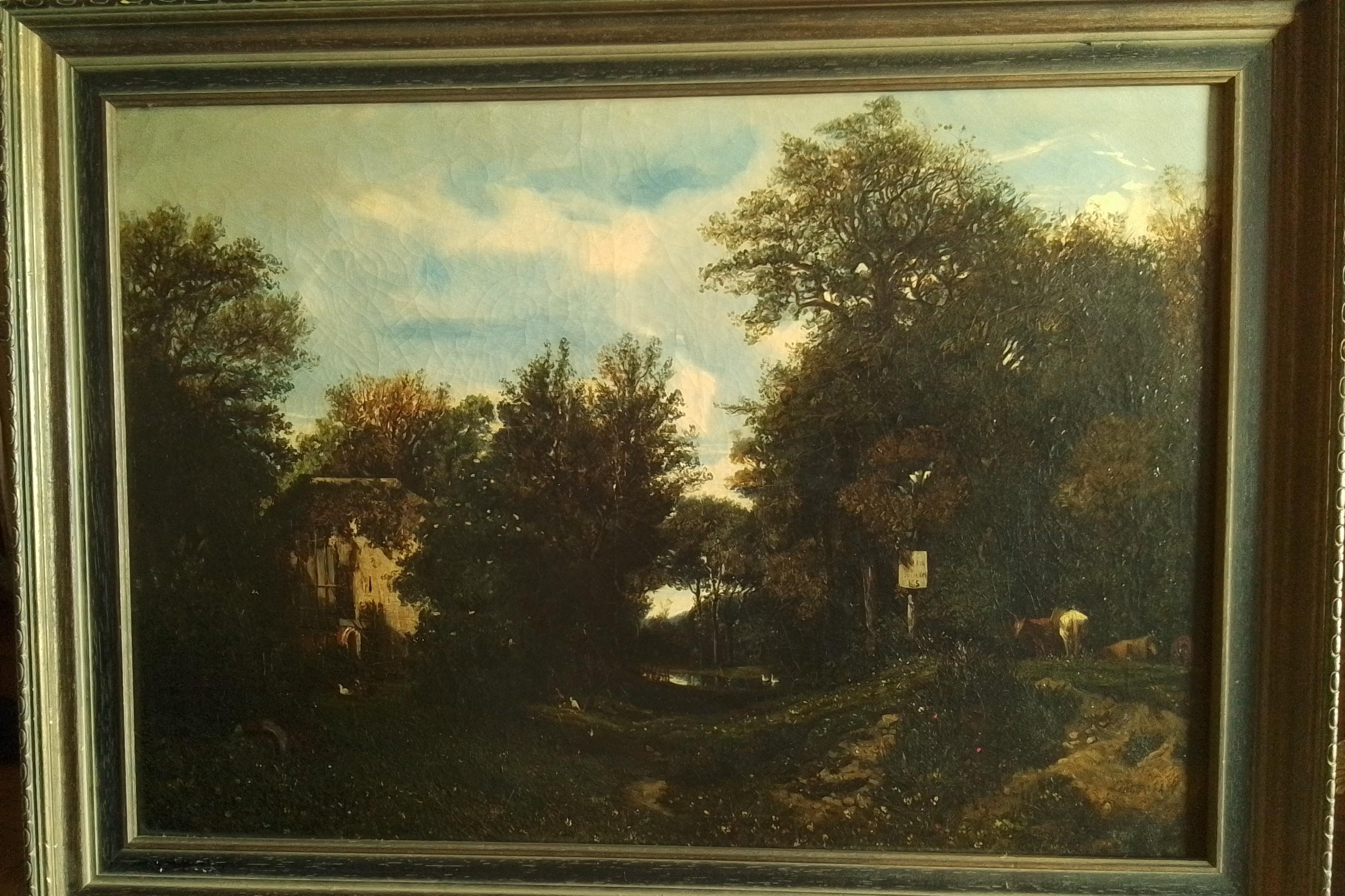Leon Richet Landscape Painting - French art by Barbizon master, realism style, animated forest with cottage house