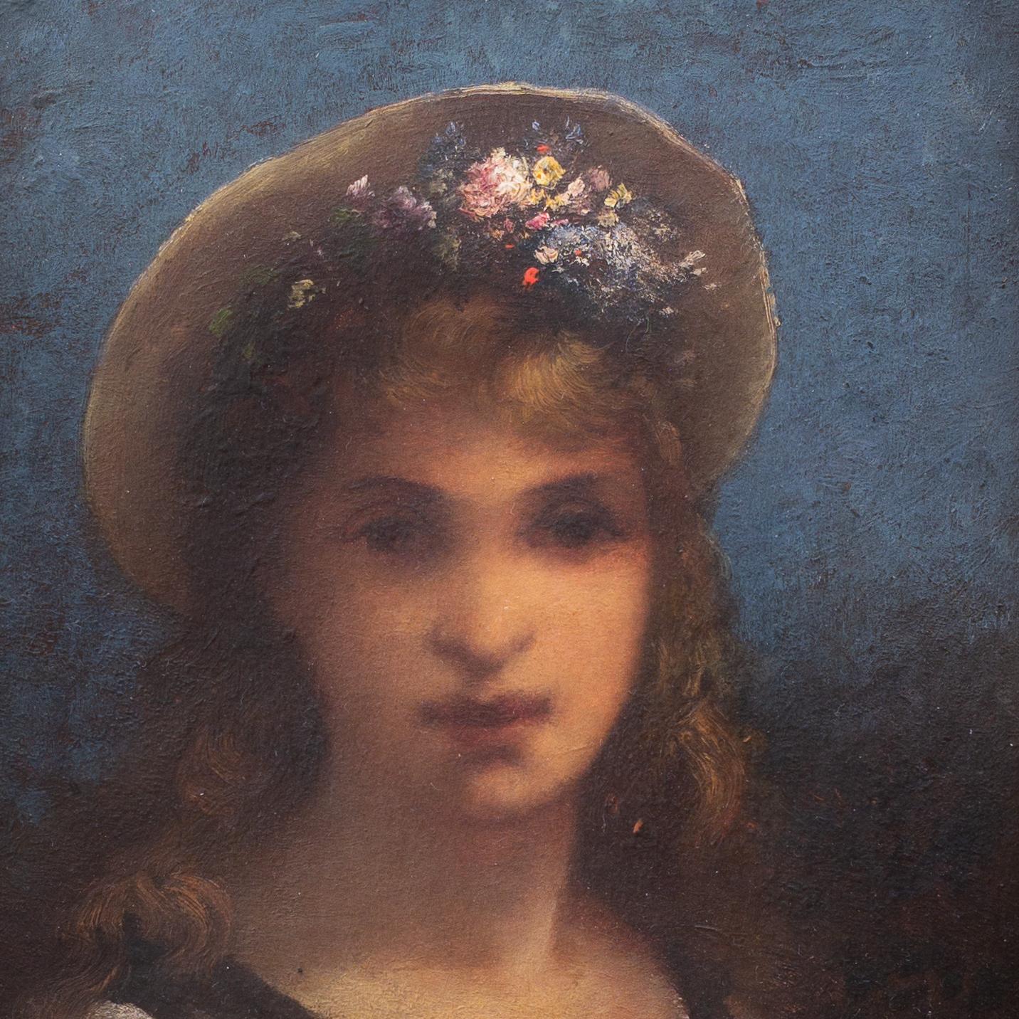 French Girl with Flowered Hat with Impressive Sfumato Technic by Leon Richet For Sale 1
