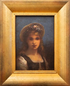Antique French Girl with Flowered Hat with Impressive Sfumato Technic by Leon Richet