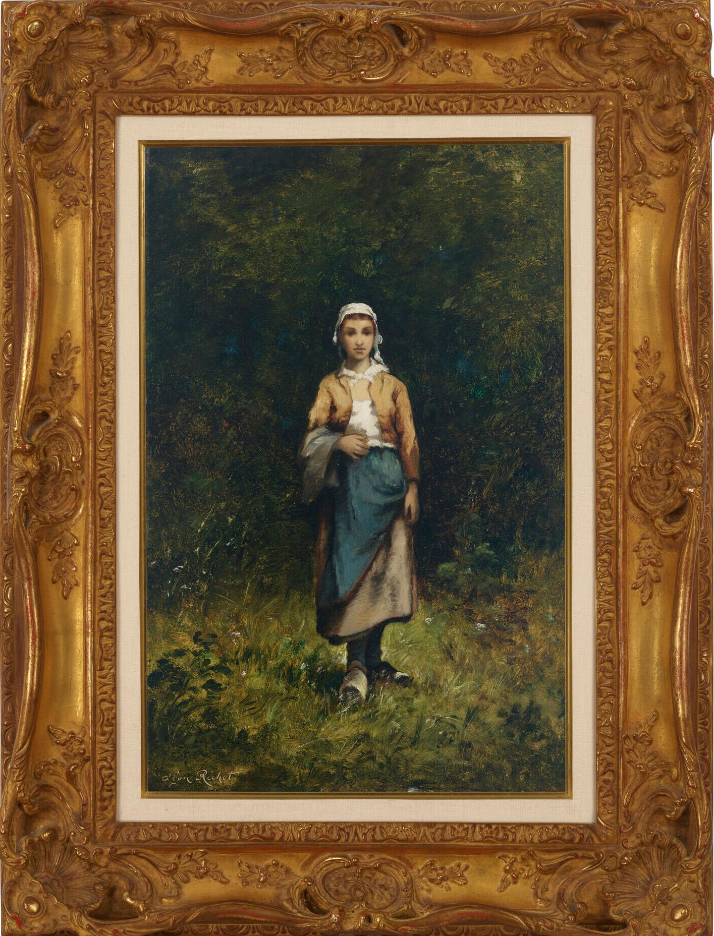 Paysanne dans un bois - Painting by Leon Richet