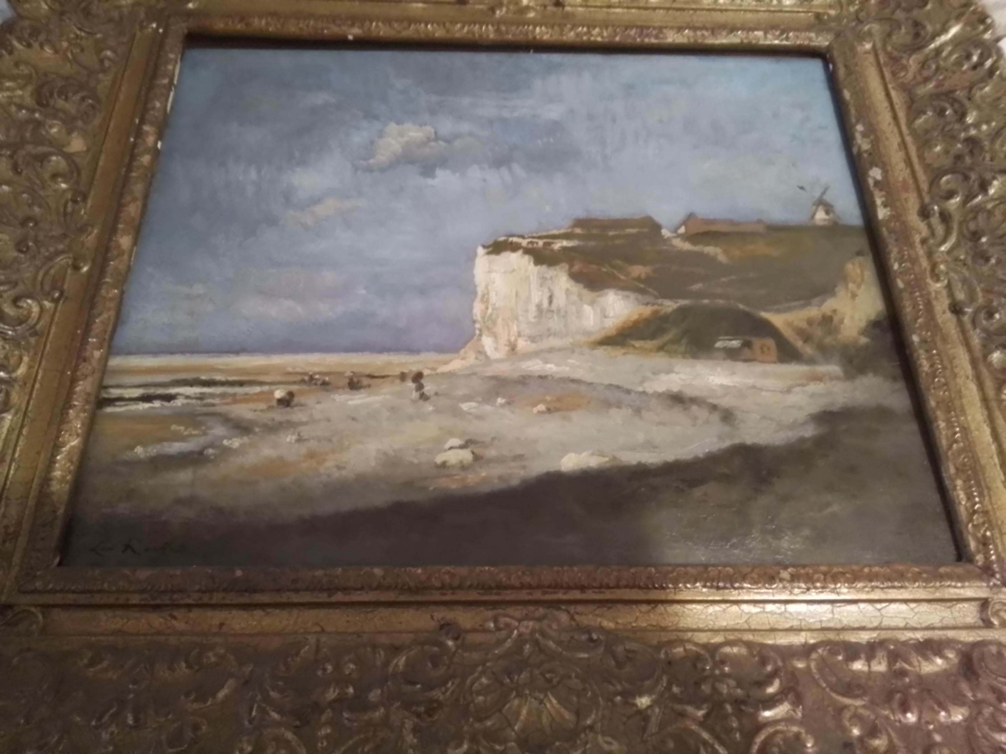 Los Acantilados de Treport - Normandía Etretat, óleo sobre madera de Léon Richet - Still-Life Painting Gris de Leon Richet