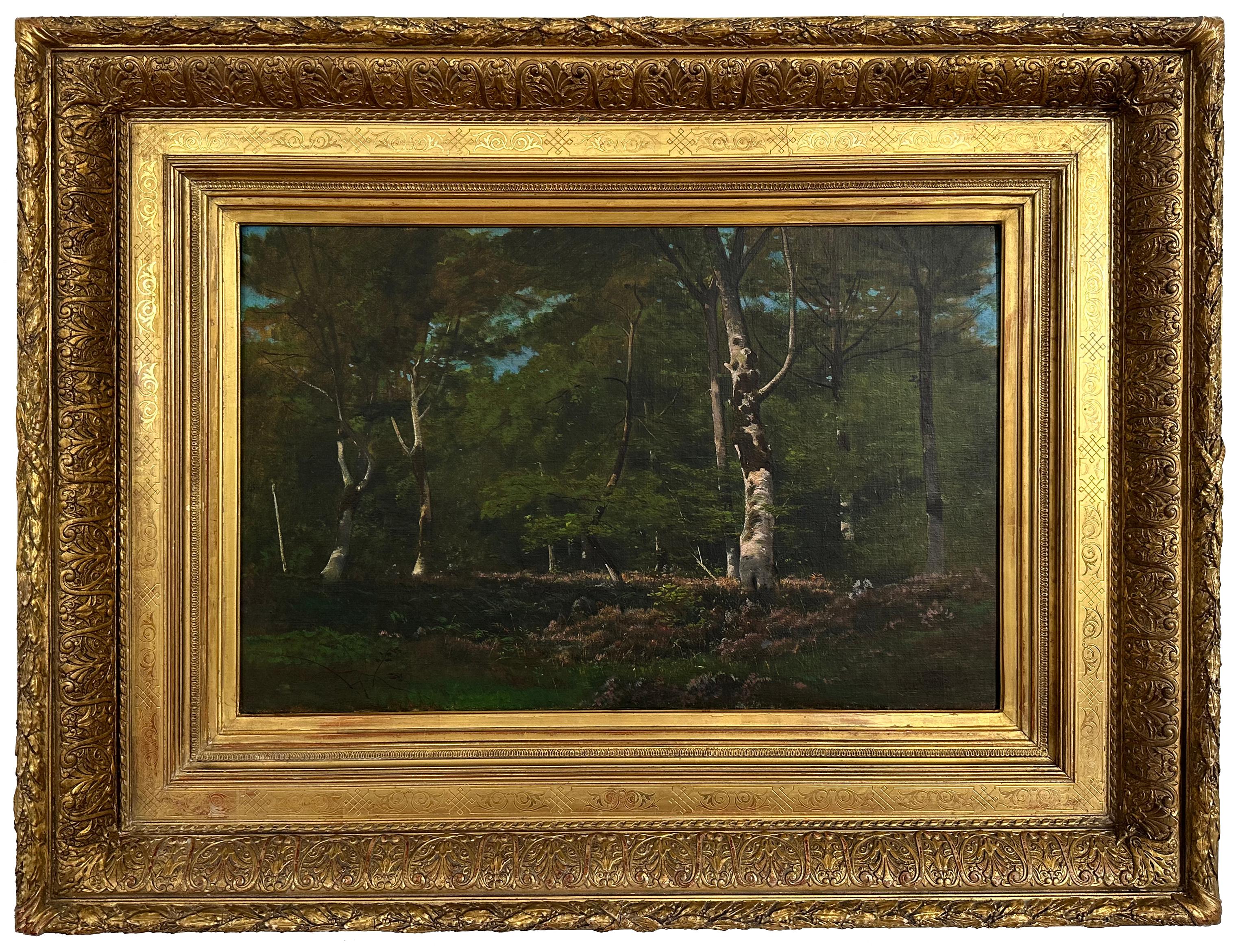 Un Sois-Bois, Barbizon forest scene - Painting by Leon Richet
