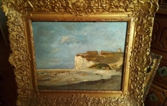 Antique french art painting, a Normandy cliff near Etretat, oil by Léon Richet