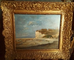 Vintage french art painting-Normandy cliffs near Etretat-oil by Léon Richet