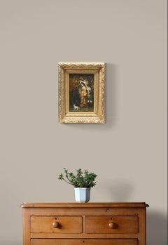 "Frau mit Sonnenschirm und ihrem Hund" 19. Jahrhundert Barbizon Französisch Öl auf Tafel