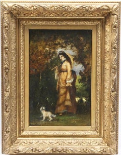 "Woman with Parasol and her dog" 19th century Barbizon French oil on panel