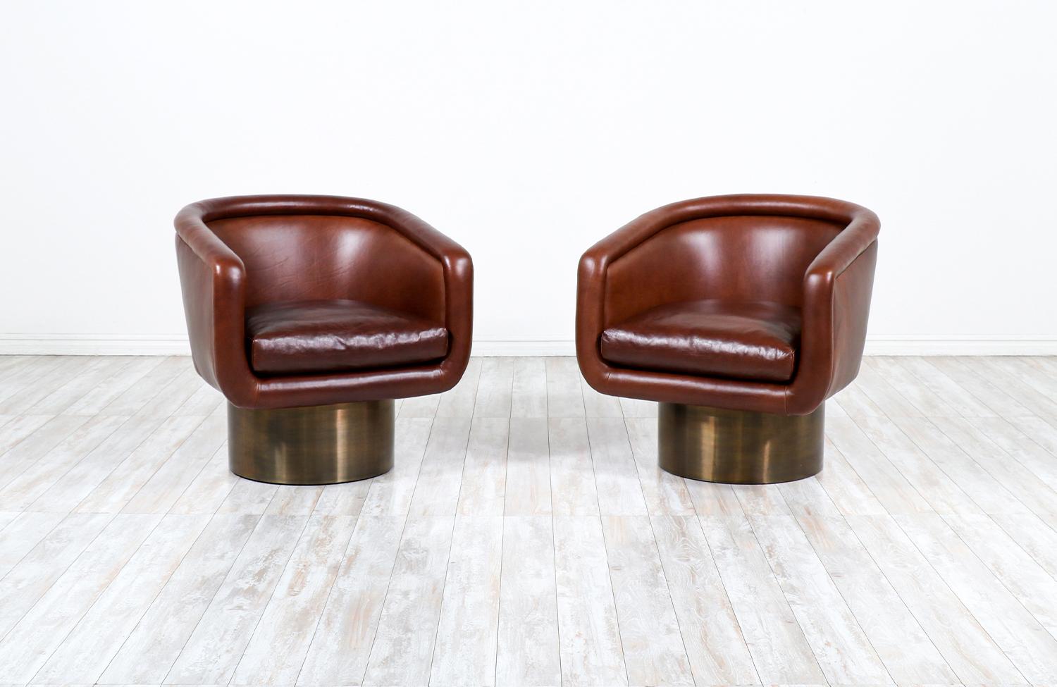 Mid-Century Modern Leon Rosen Cognac Leather Swivel Chairs with Bronze Bases for Pace