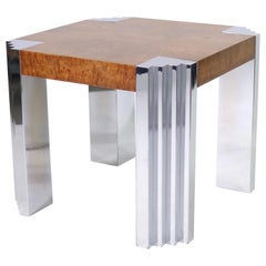 Leon Rosen for Pace Art Deco Style Modern Burl Veneer and Steel Side Table