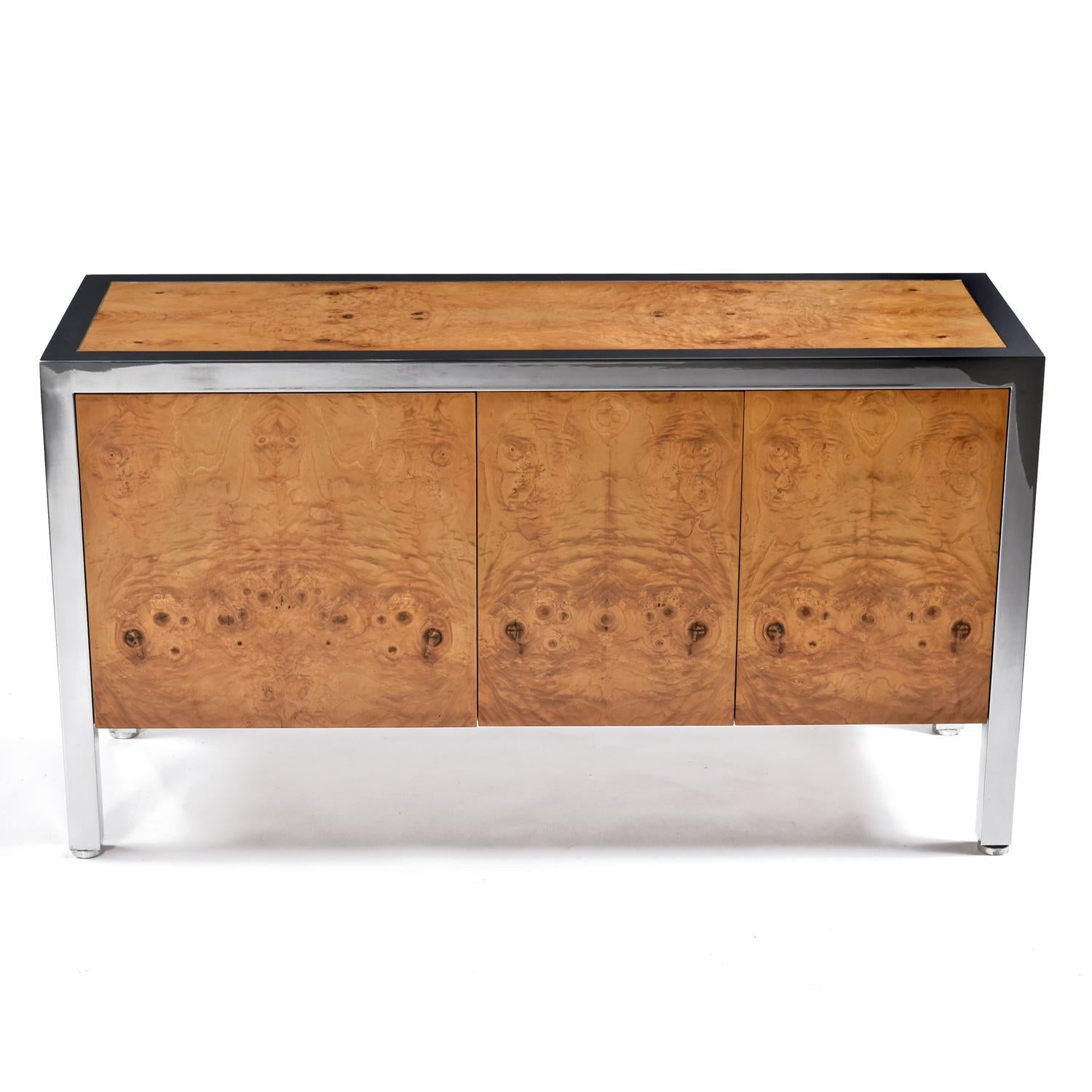 1970's, Leon Rosen for Pace Burl Wood Stainless Steel Credenza For Sale