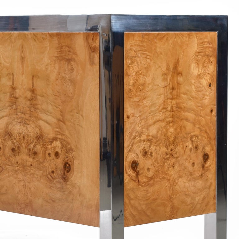 Late 20th Century 1970's, Leon Rosen for Pace Burl Wood Stainless Steel Credenza For Sale