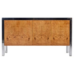 1970''s Leon Rosen for Pace Burl Wood Stainless Steel Credenza