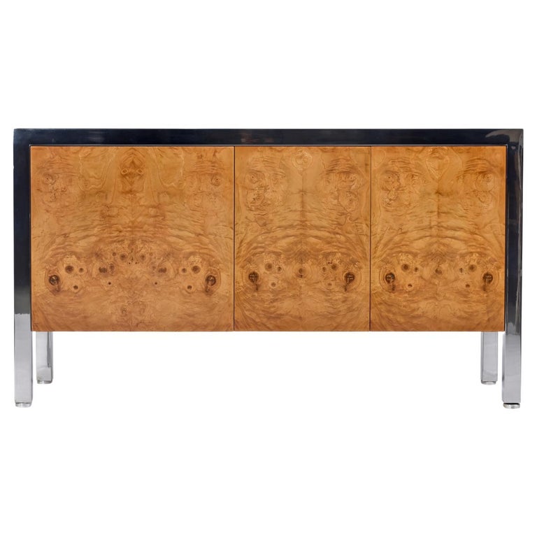 1970's, Leon Rosen for Pace Burl Wood Stainless Steel Credenza For Sale