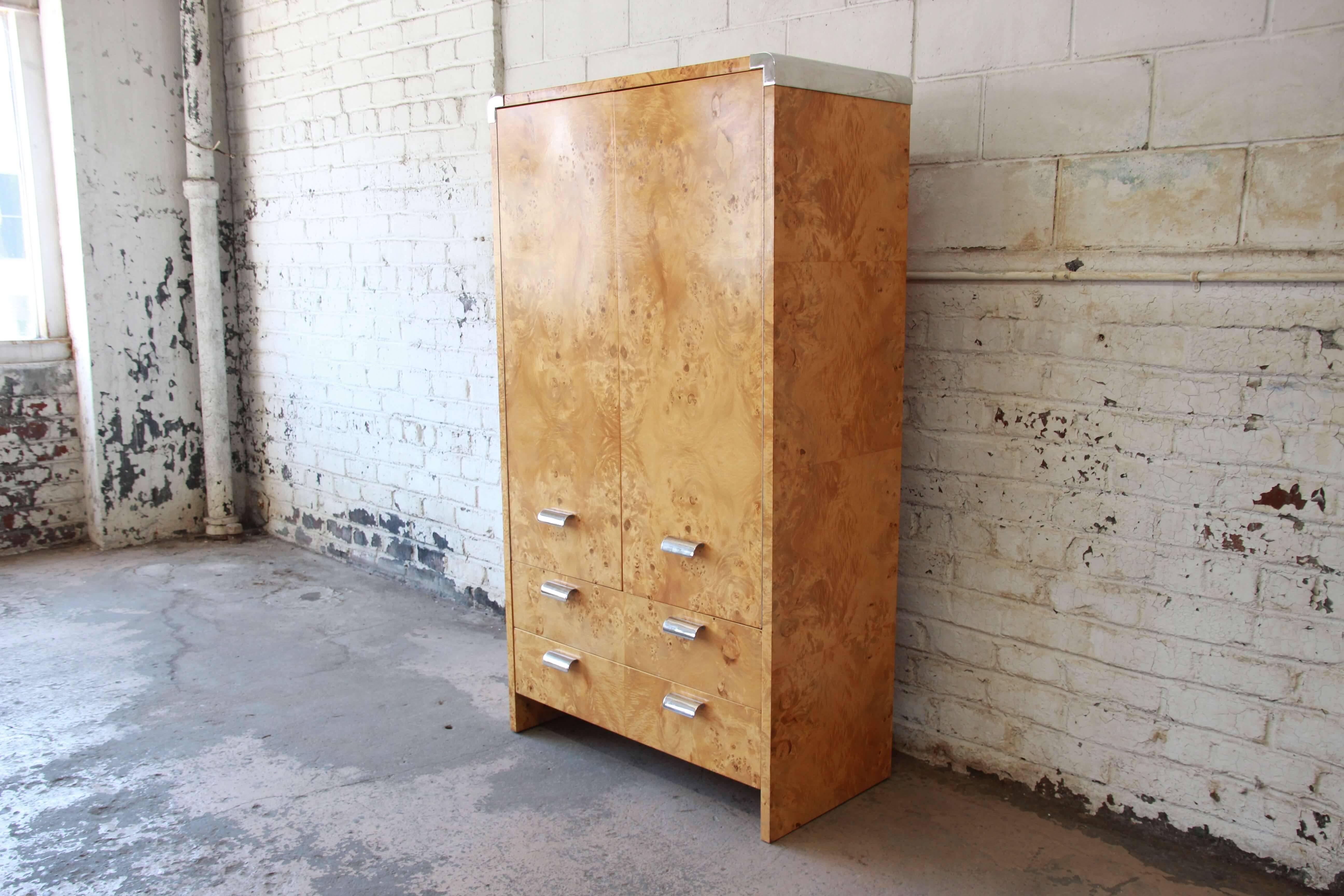 Mid-Century Modern Leon Rosen for Pace Burled Olive Wood and Chrome Wardrobe Dresser