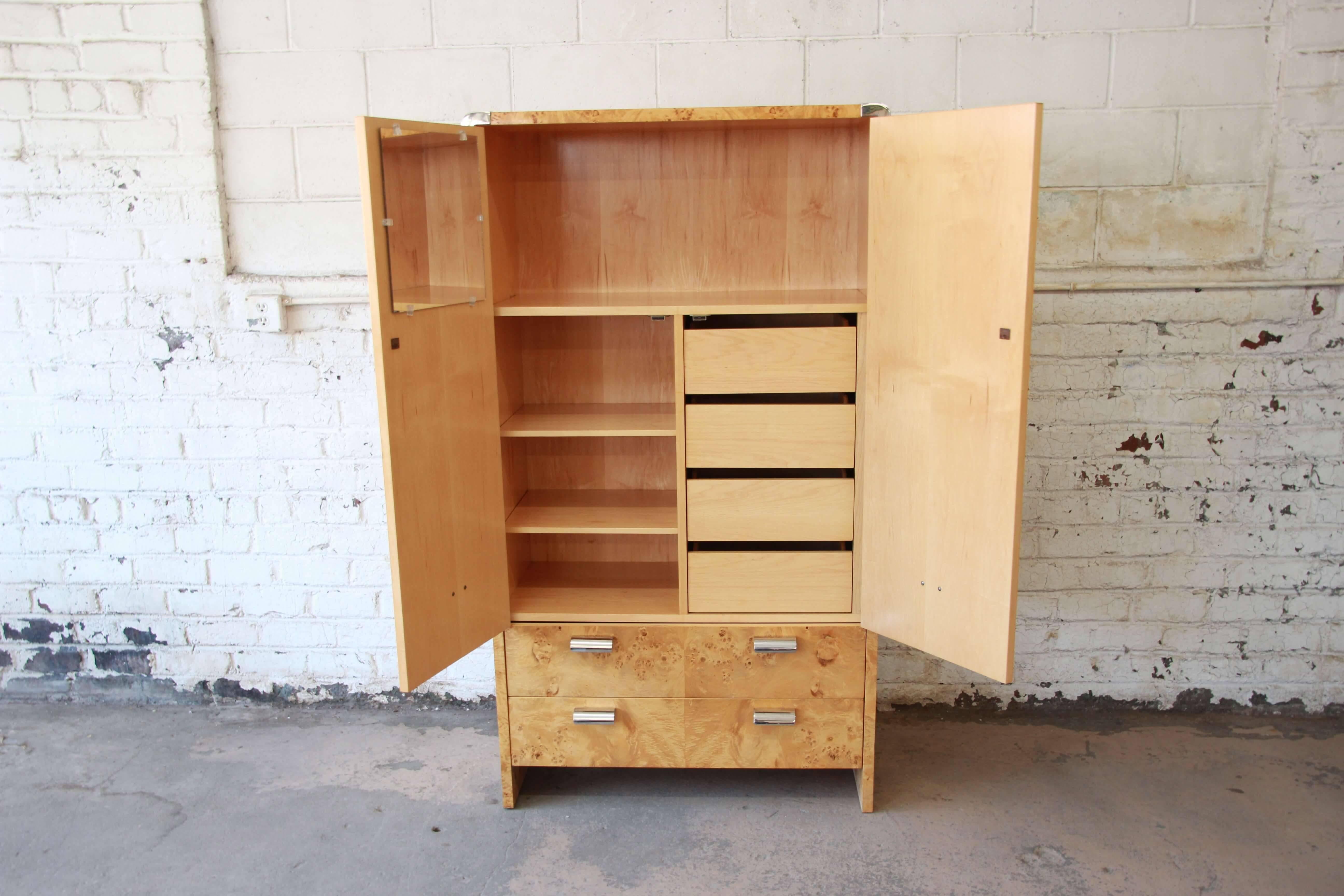 Leon Rosen for Pace Burled Olive Wood and Chrome Wardrobe Dresser In Good Condition In South Bend, IN