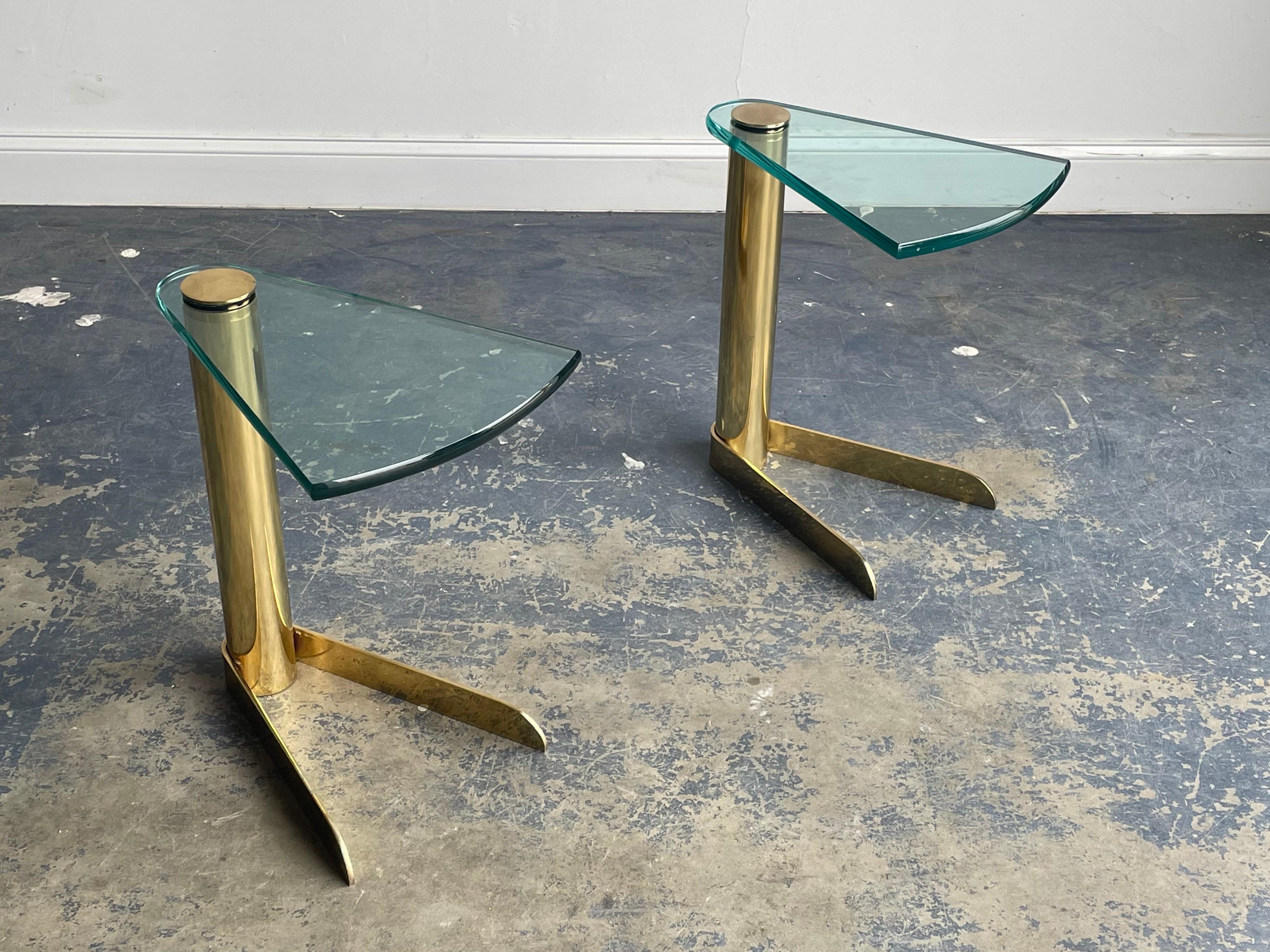Mid-Century Modern Leon Rosen for Pace Collection Brass and Glass Cantilevered “Wedge” Drink Tables