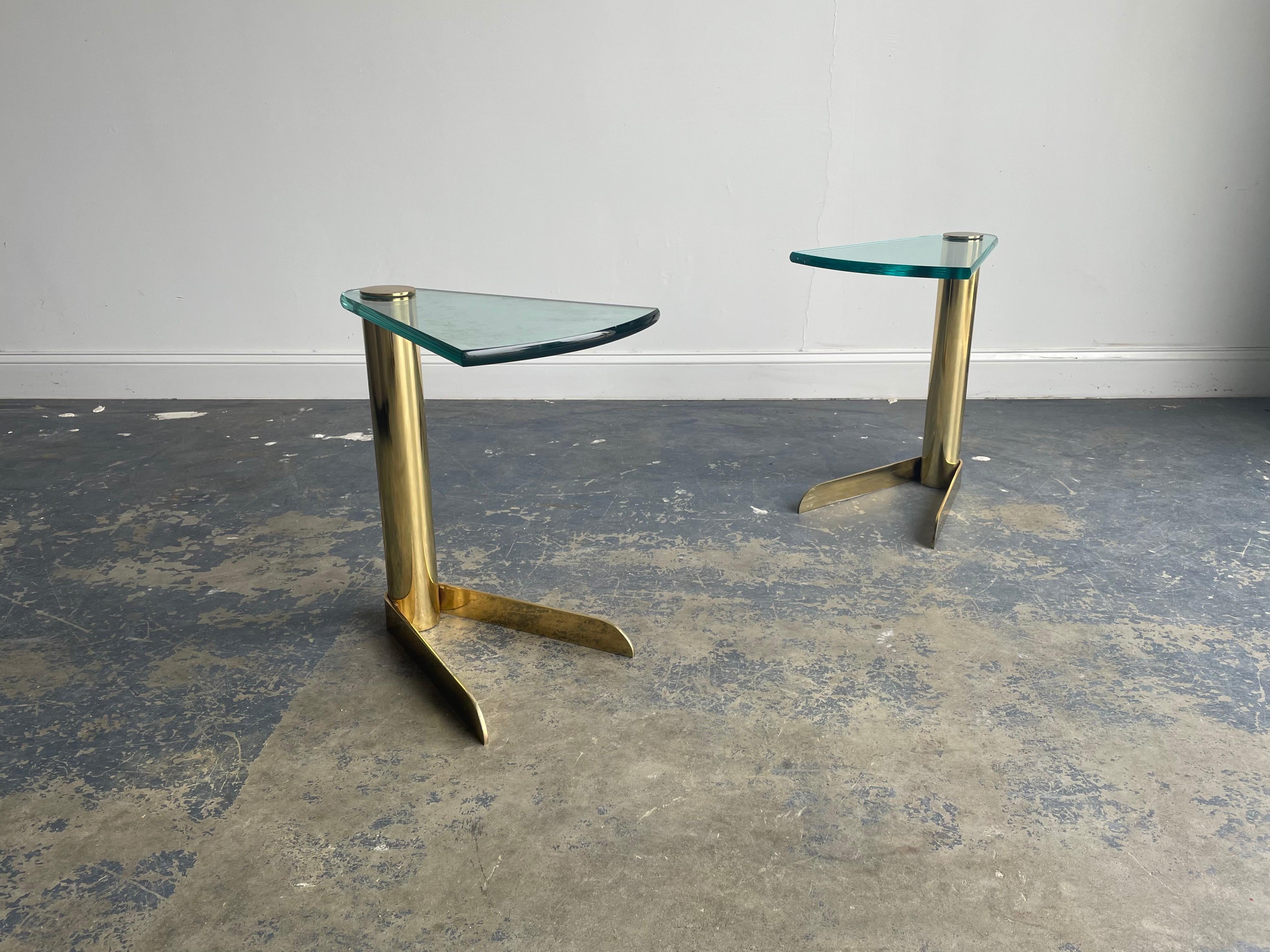 American Leon Rosen for Pace Collection Brass and Glass Cantilevered “Wedge” Drink Tables