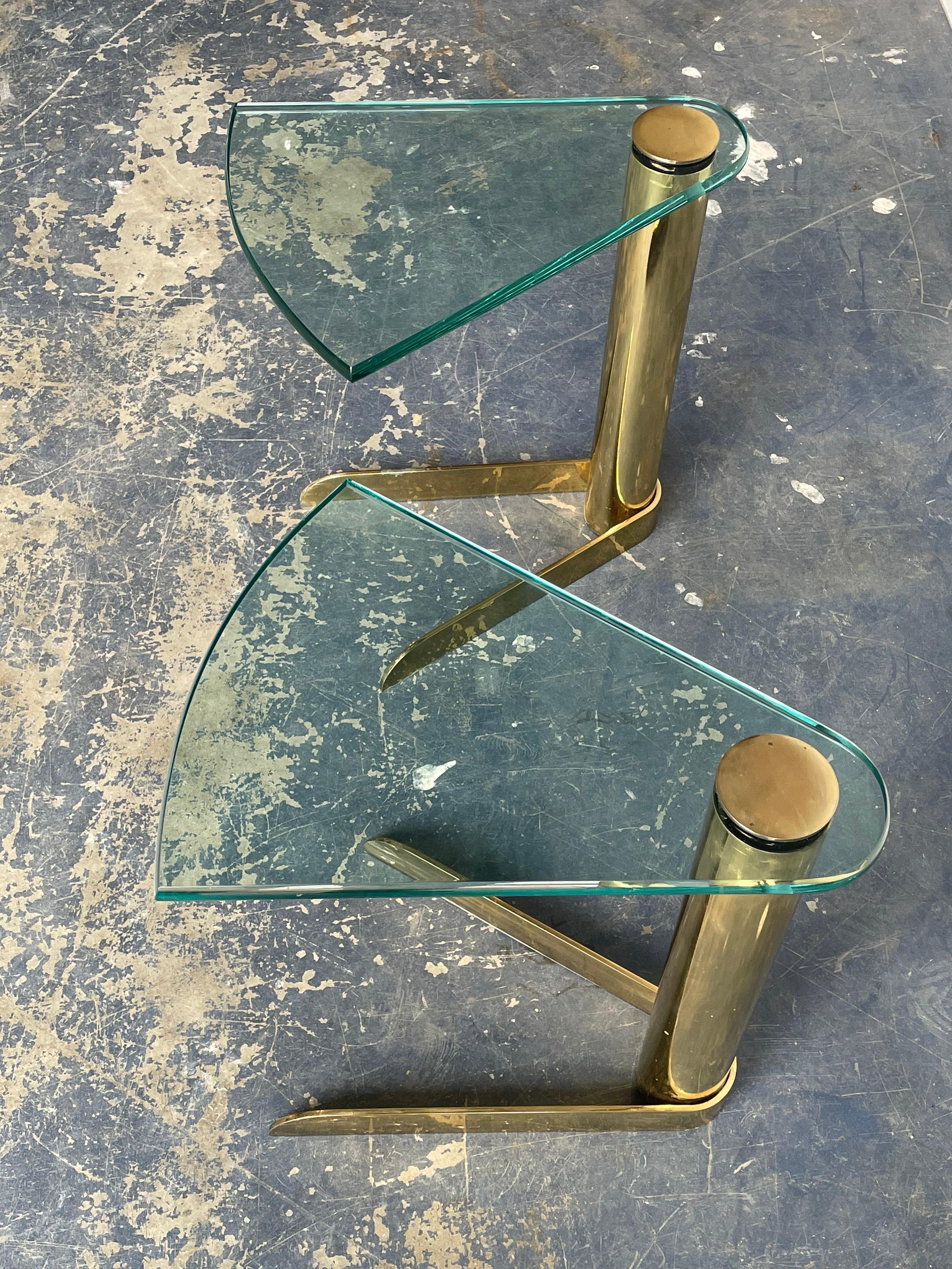Leon Rosen for Pace Collection Brass and Glass Cantilevered “Wedge” Drink Tables In Good Condition In St.Petersburg, FL