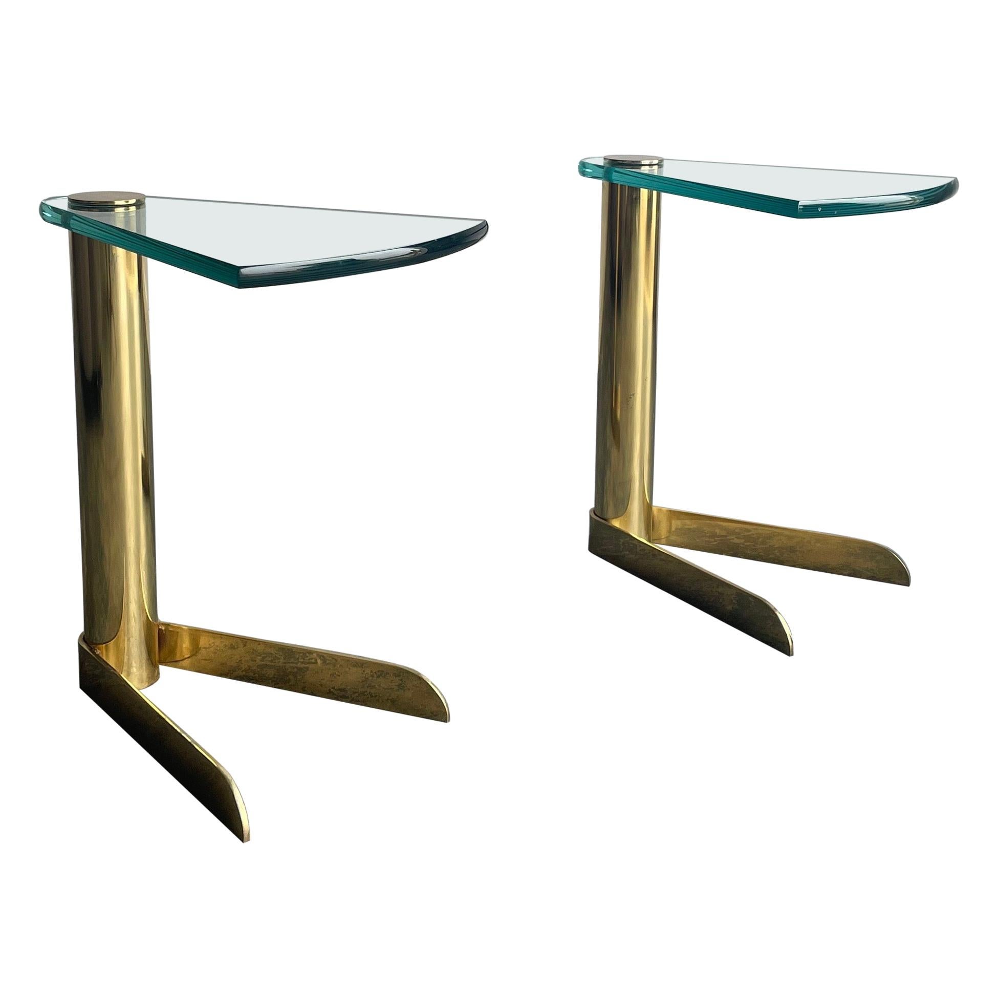 Leon Rosen for Pace Collection Brass and Glass Cantilevered “Wedge” Drink Tables