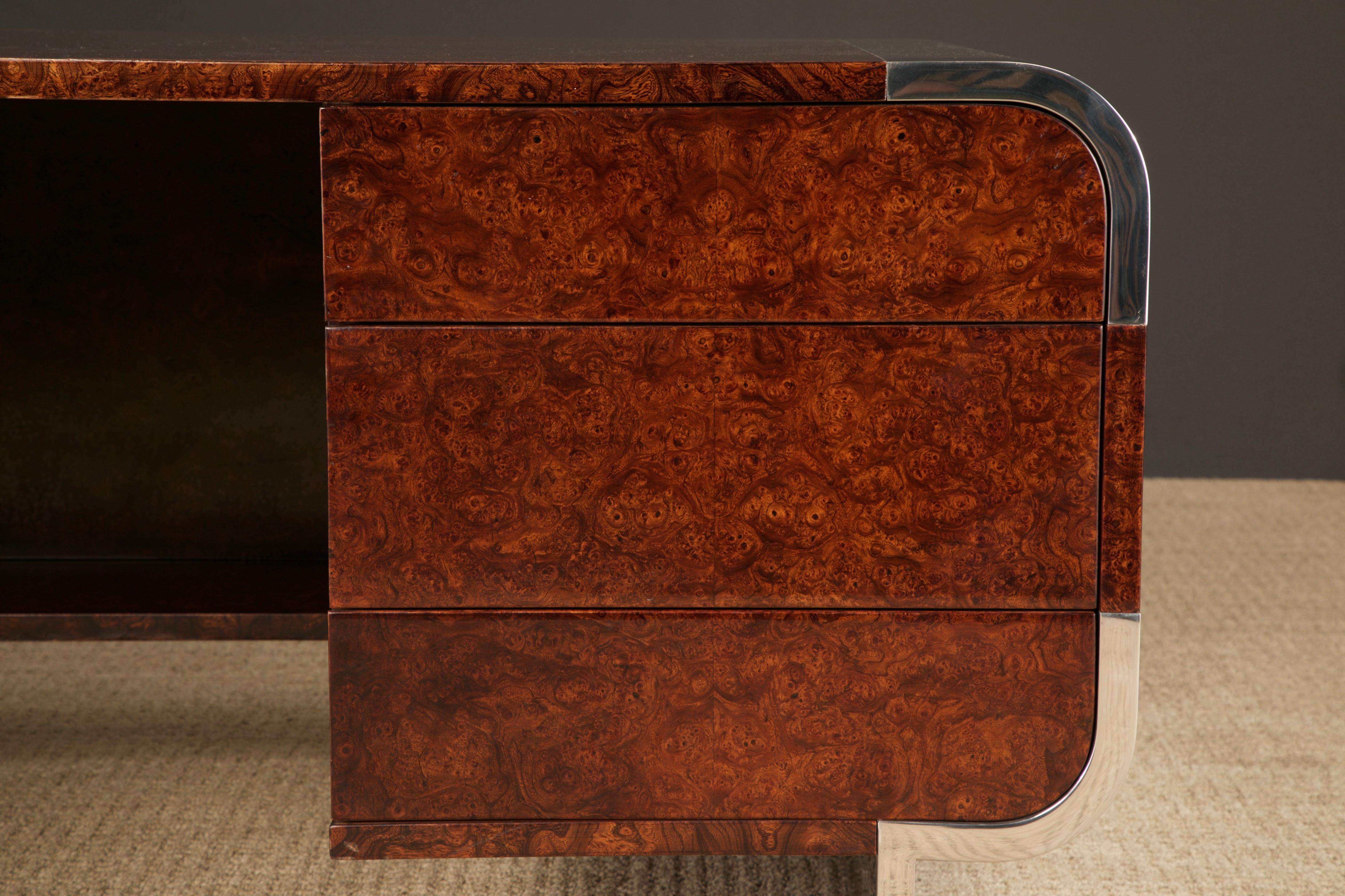 Leon Rosen for Pace Collection Burl & Chrome Waterfall Executive Desk, c 1970s 8