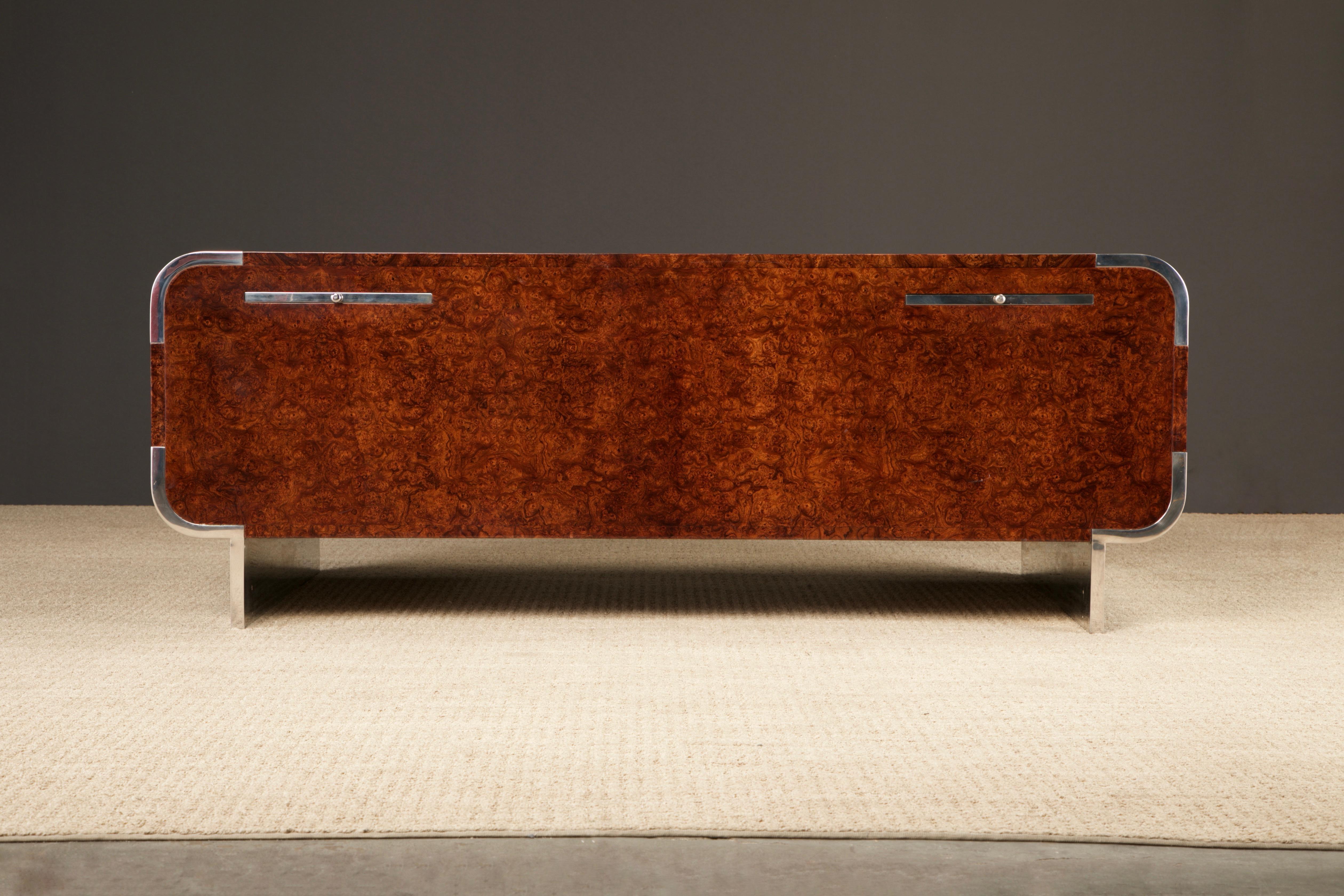 Late 20th Century Leon Rosen for Pace Collection Burl & Chrome Waterfall Executive Desk, c 1970s