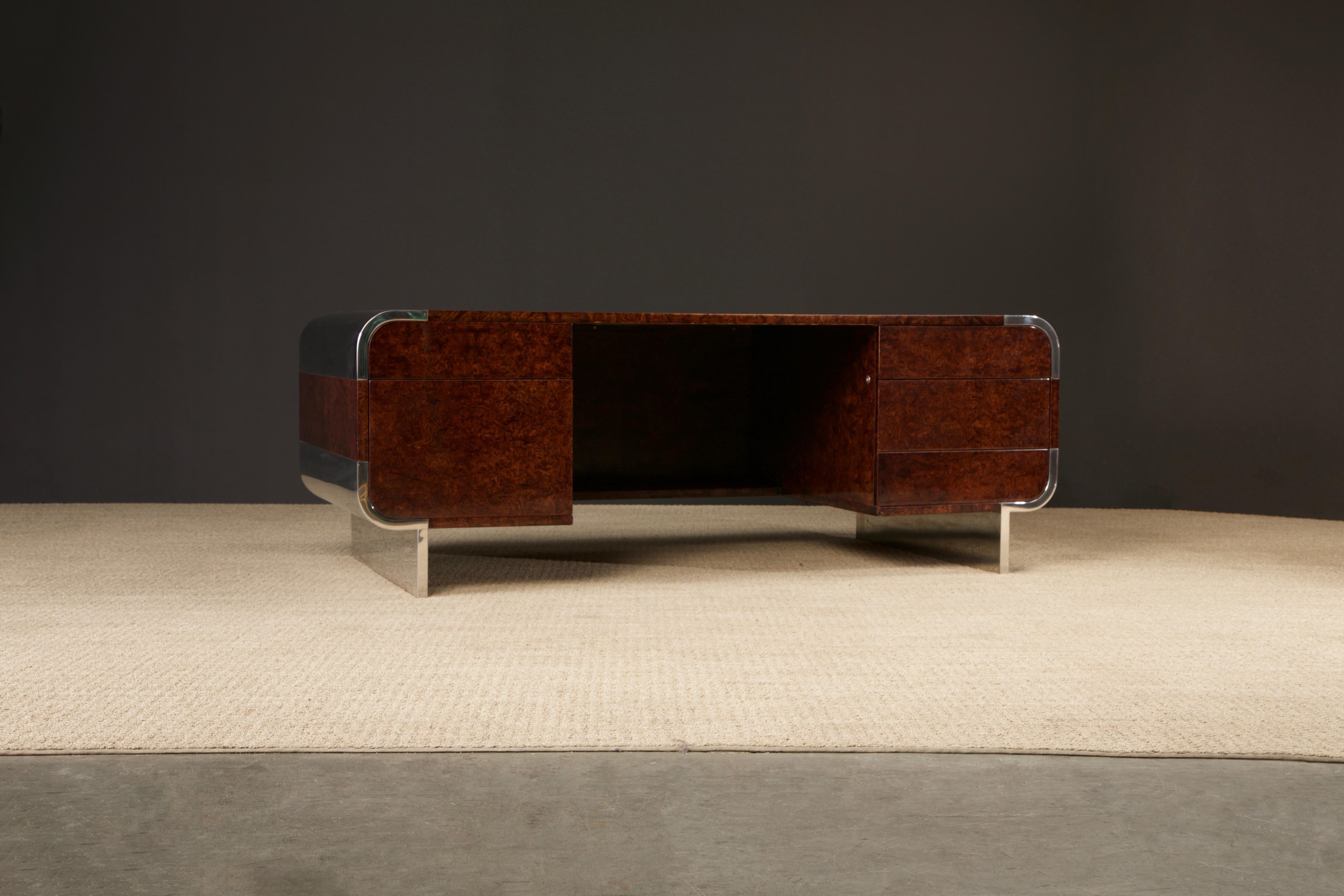 Modern Leon Rosen for Pace Collection Burl & Chrome Waterfall Executive Desk, c 1970s