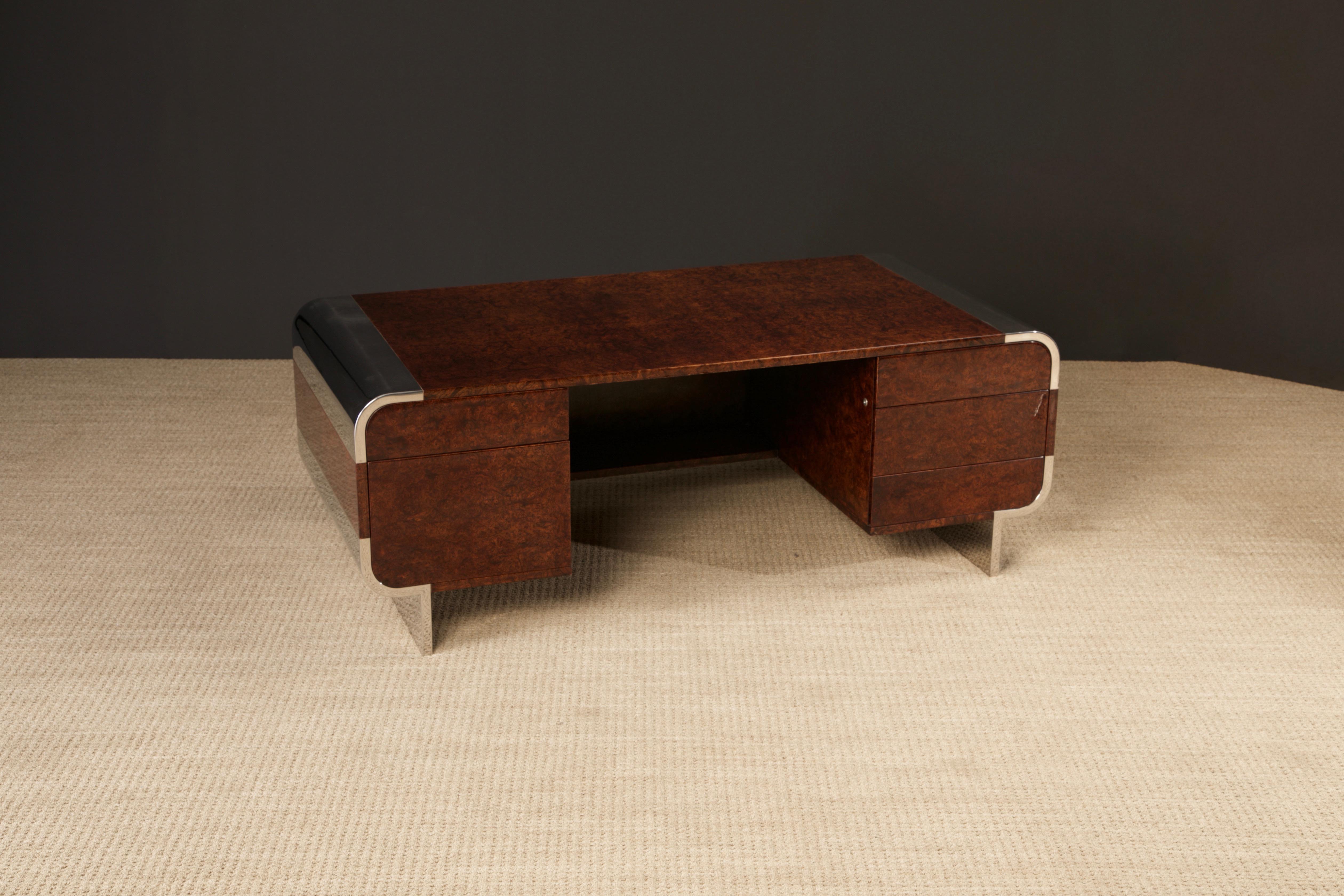 American Leon Rosen for Pace Collection Burl & Chrome Waterfall Executive Desk, c 1970s